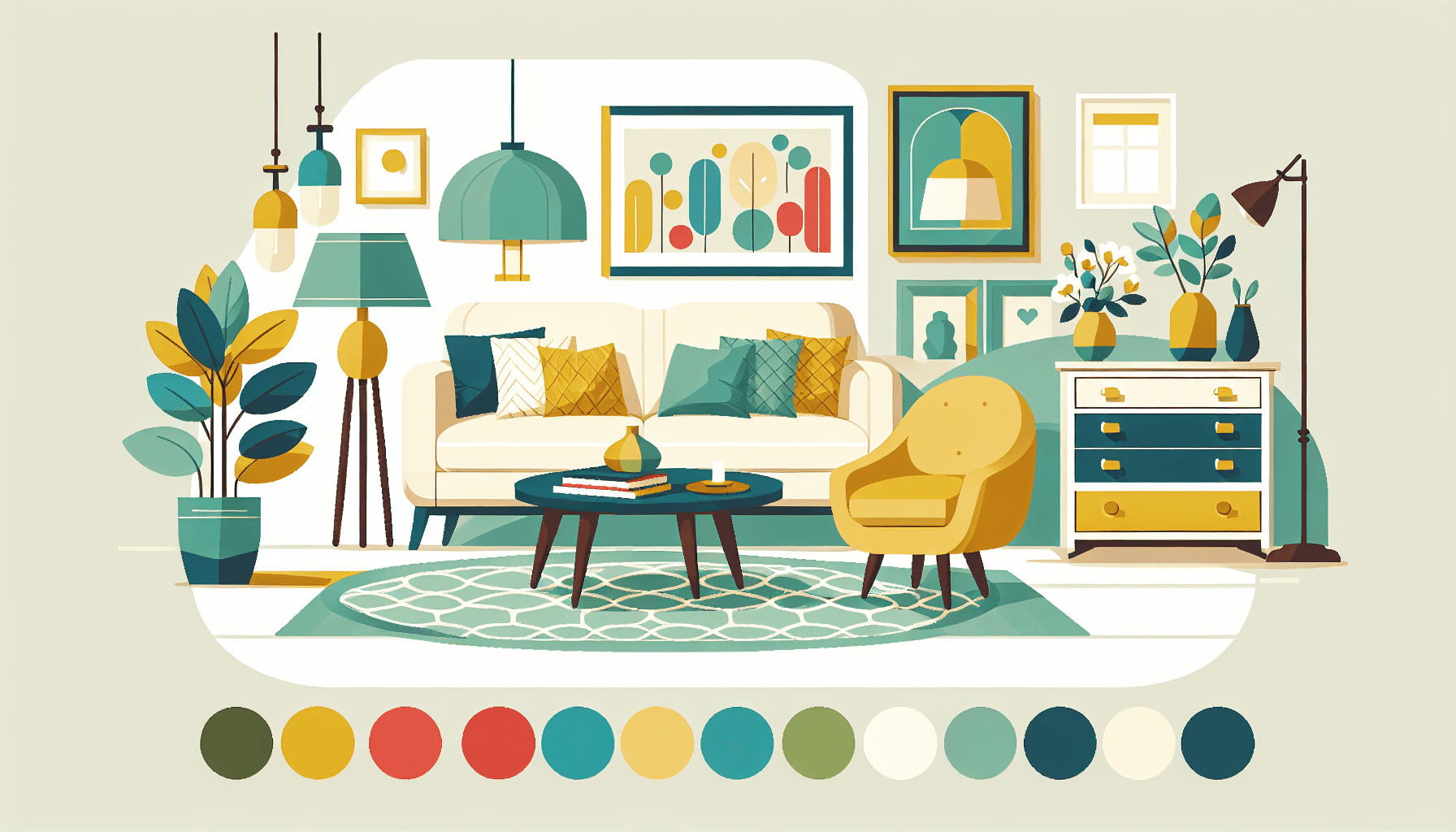 Decoration -> Home decor in flat illustration style and white background, red #f47574, green #88c7a8, yellow #fcc44b, and blue #645bc8 colors.