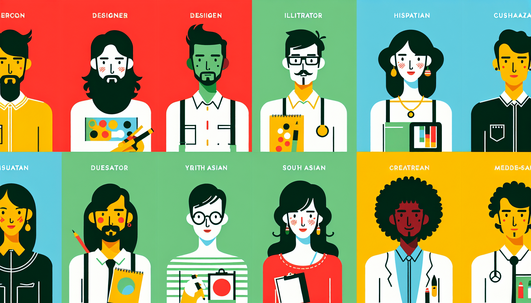 Creative professionals in flat illustration style and white background, red #f47574, green #88c7a8, yellow #fcc44b, and blue #645bc8 colors.