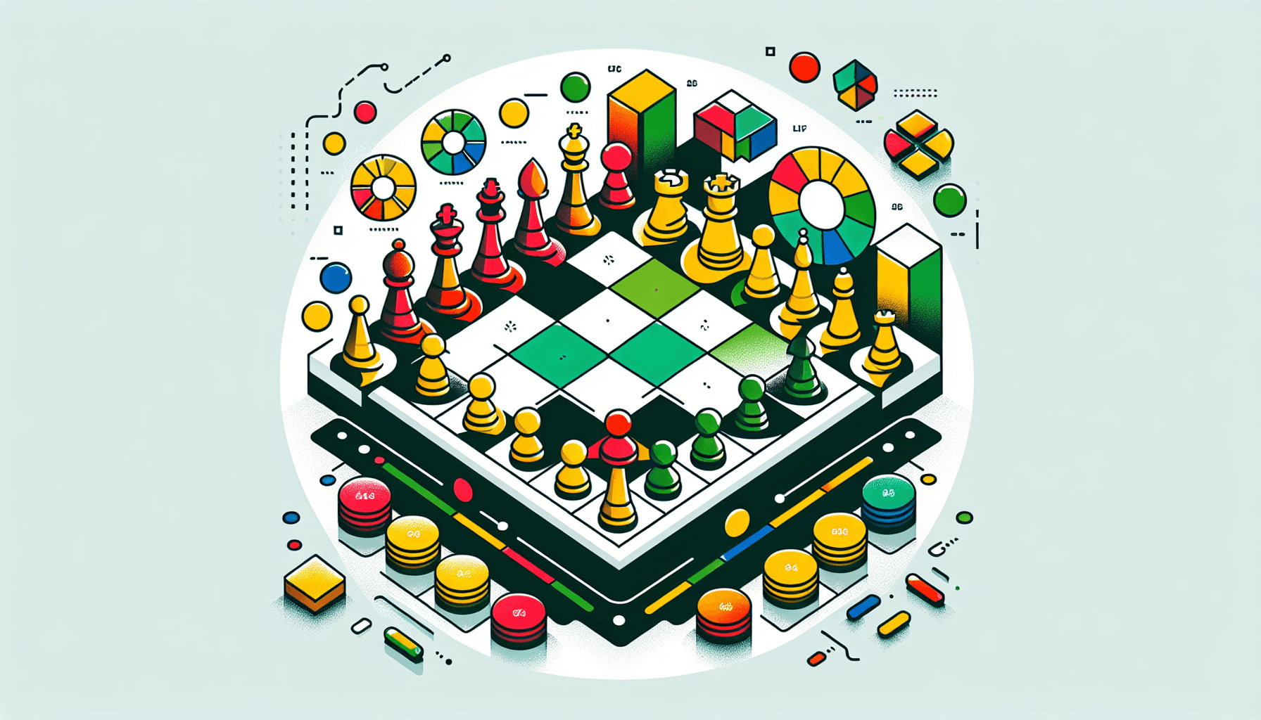 Competitive strategy -> Chessboard in flat illustration style and white background, red #f47574, green #88c7a8, yellow #fcc44b, and blue #645bc8 colors.