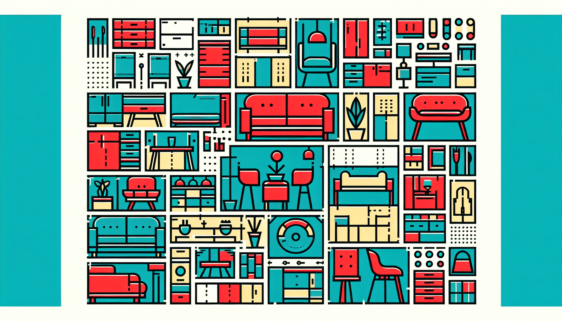 Furniture design -> Blueprint in flat illustration style and white background, red #f47574, green #88c7a8, yellow #fcc44b, and blue #645bc8 colors.