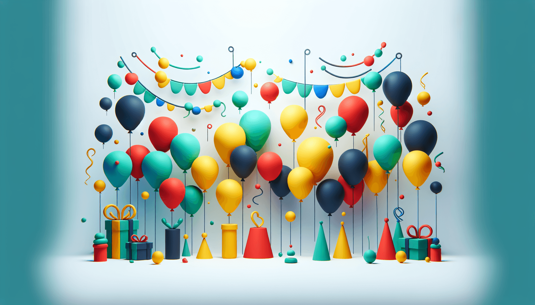 Balloons -> Party decorations in flat illustration style and white background, red #f47574, green #88c7a8, yellow #fcc44b, and blue #645bc8 colors.
