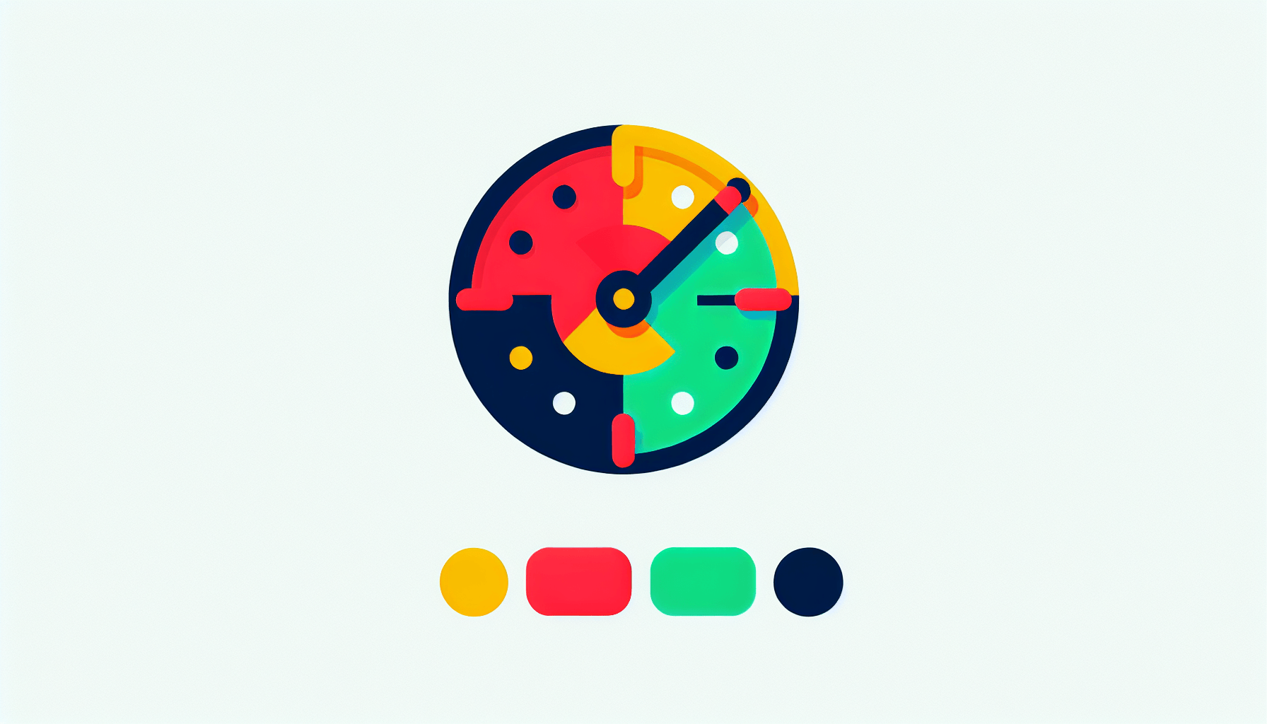 hour rule -> Clock in flat illustration style and white background, red #f47574, green #88c7a8, yellow #fcc44b, and blue #645bc8 colors.