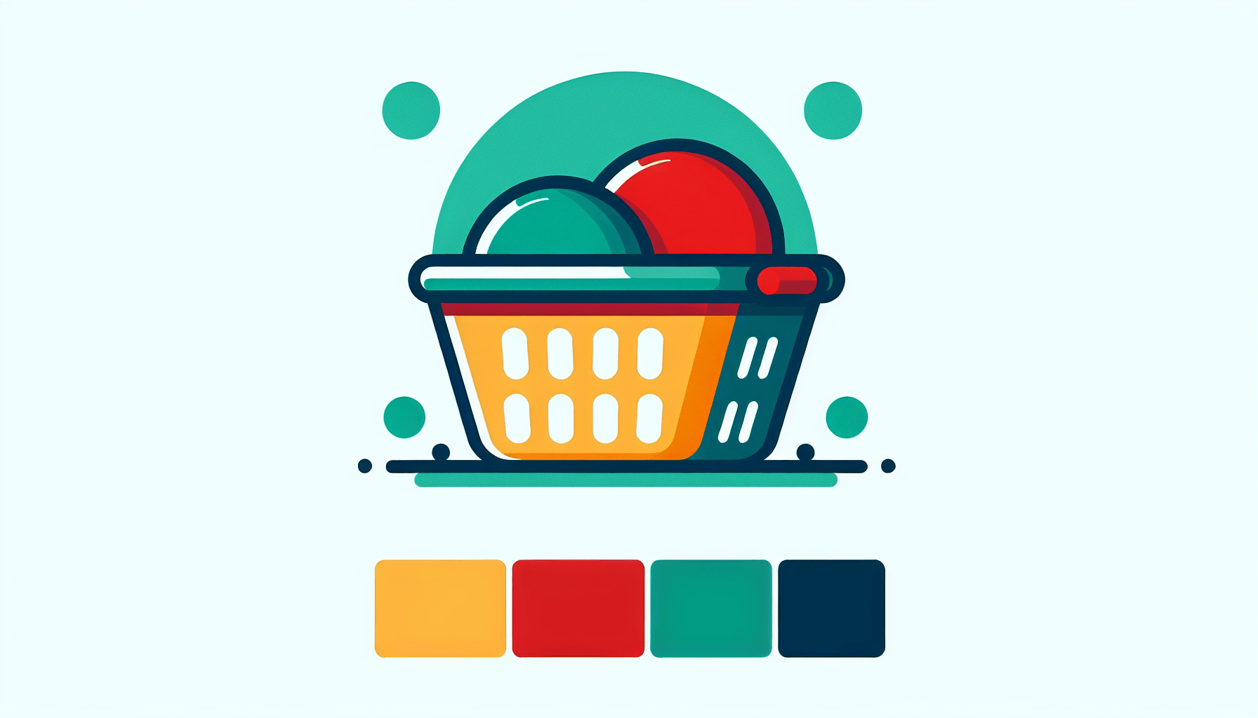 Laundry basket in flat illustration style and white background, red #f47574, green #88c7a8, yellow #fcc44b, and blue #645bc8 colors.