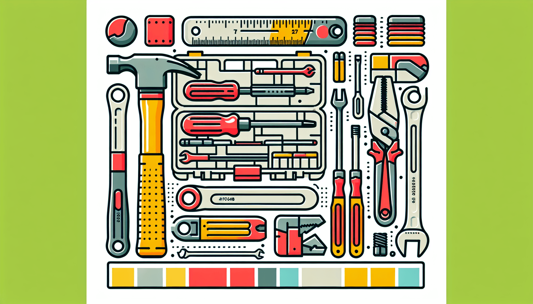 DIY -> Tool kit in flat illustration style and white background, red #f47574, green #88c7a8, yellow #fcc44b, and blue #645bc8 colors.
