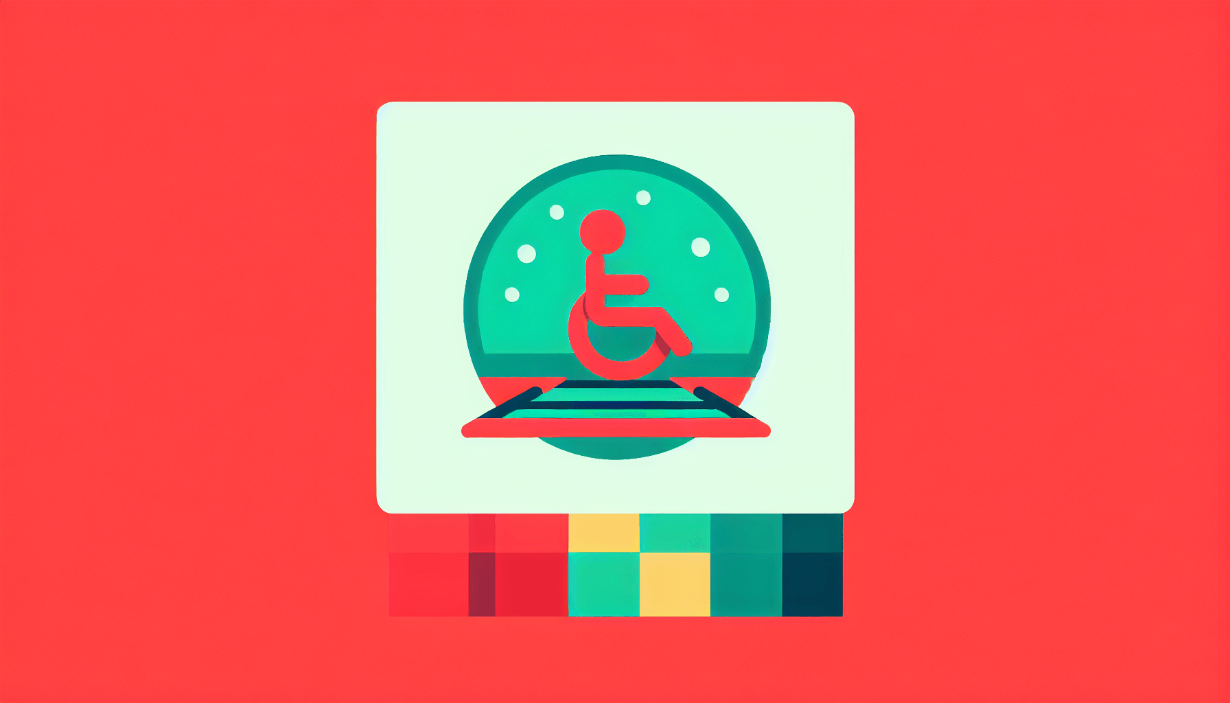 AI Tools Accessibility -> Accessibility ramp in flat illustration style and white background, red #f47574, green #88c7a8, yellow #fcc44b, and blue #645bc8 colors.