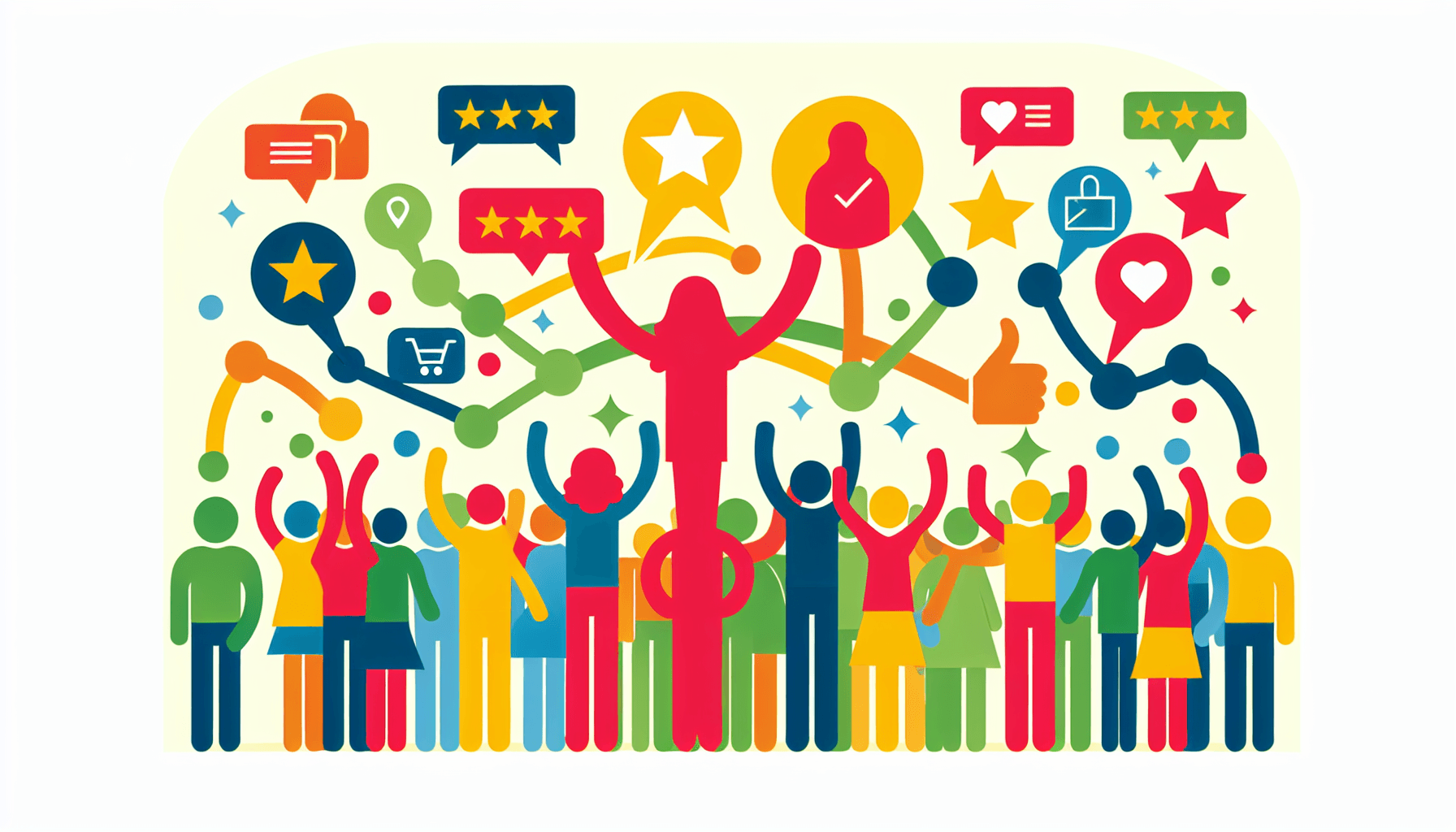 Amazon marketing -> Customer obsession in flat illustration style and white background, red #f47574, green #88c7a8, yellow #fcc44b, and blue #645bc8 colors.