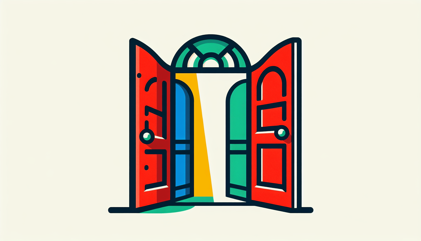 WhatsApp Business -> Open door in flat illustration style and white background, red #f47574, green #88c7a8, yellow #fcc44b, and blue #645bc8 colors.