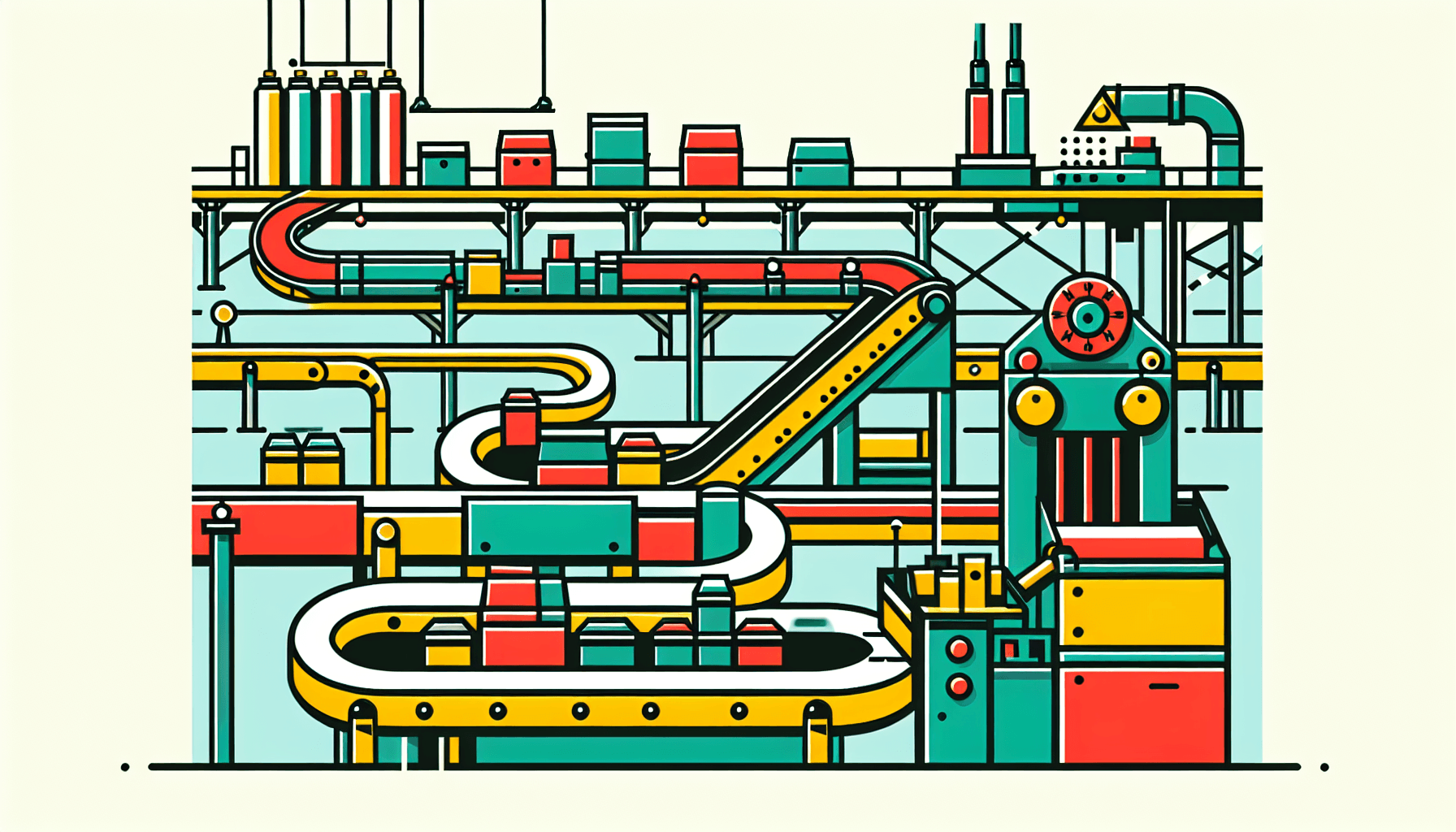 Assembly line in flat illustration style and white background, red #f47574, green #88c7a8, yellow #fcc44b, and blue #645bc8 colors.