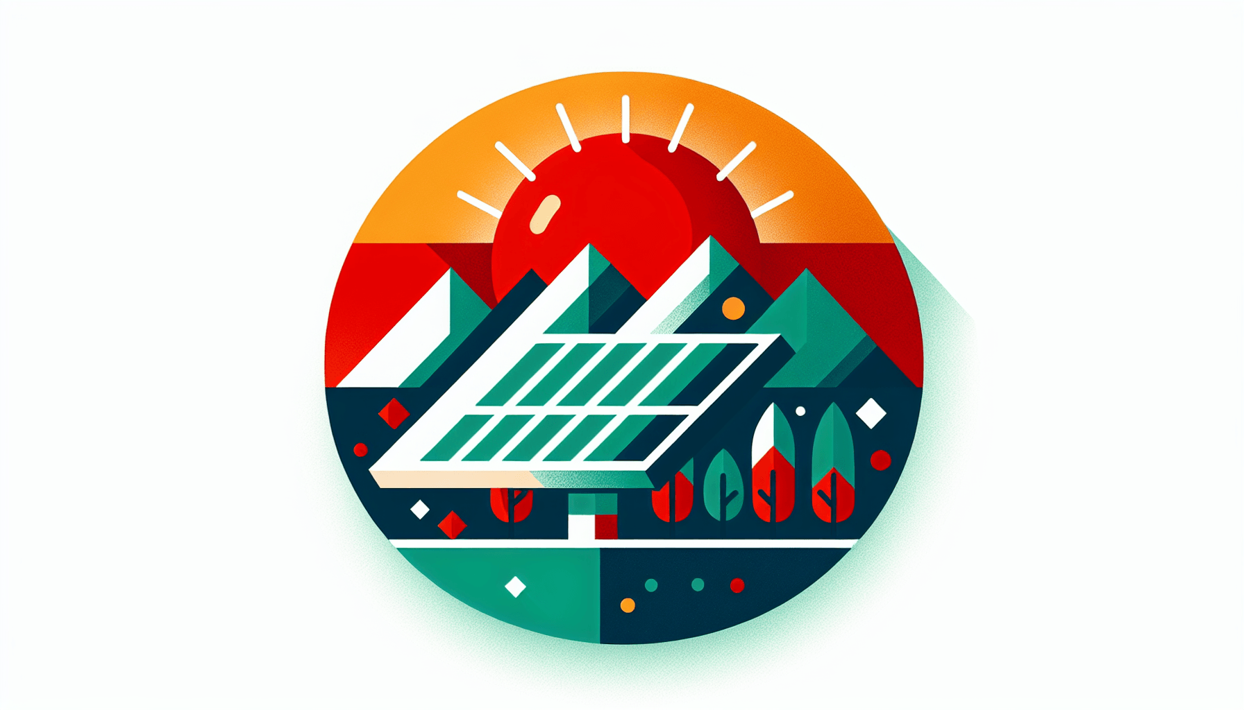 Environmental -> Solar panel in flat illustration style and white background, red #f47574, green #88c7a8, yellow #fcc44b, and blue #645bc8 colors.