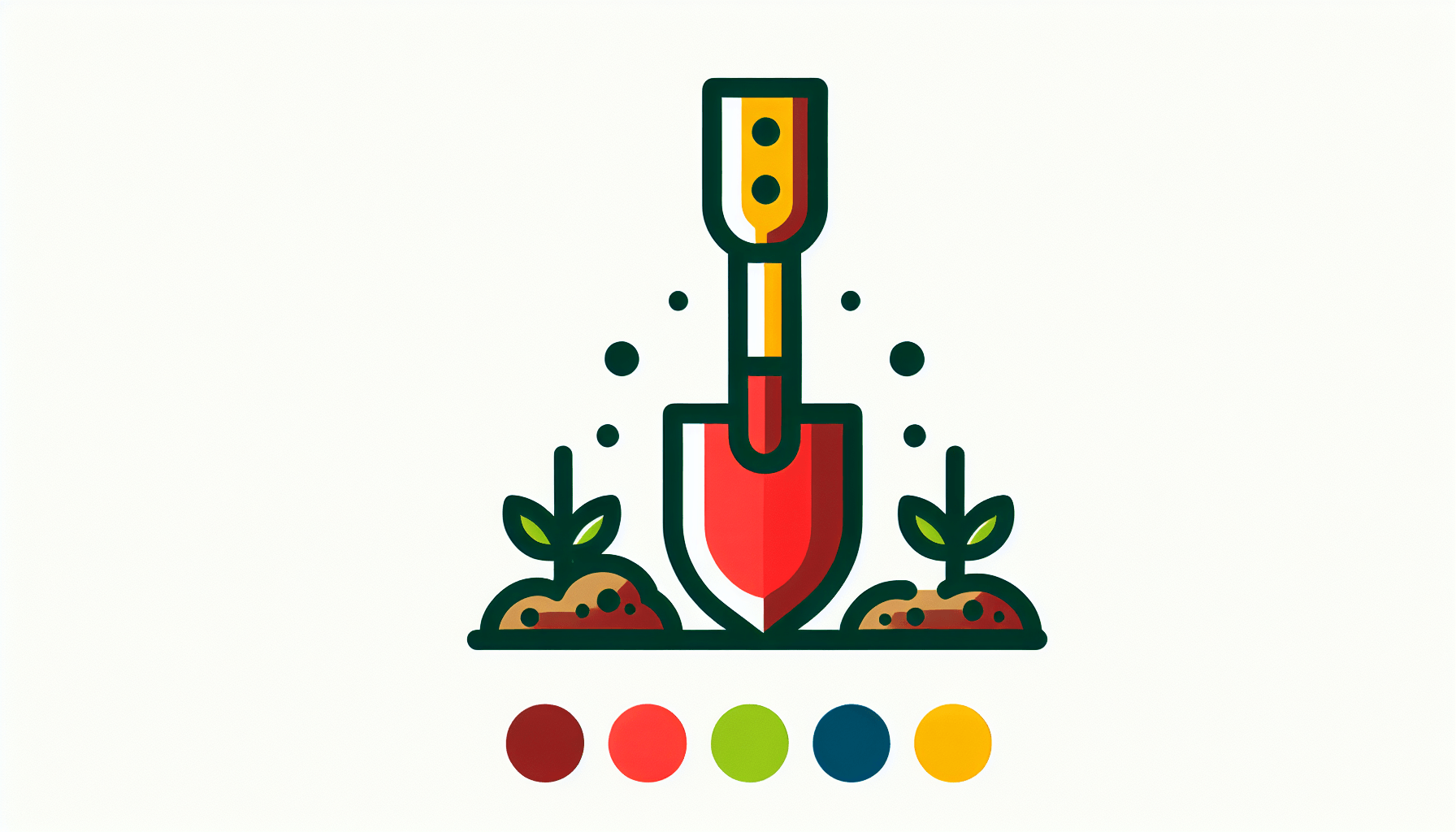 Gardening tips -> Spade in flat illustration style and white background, red #f47574, green #88c7a8, yellow #fcc44b, and blue #645bc8 colors.