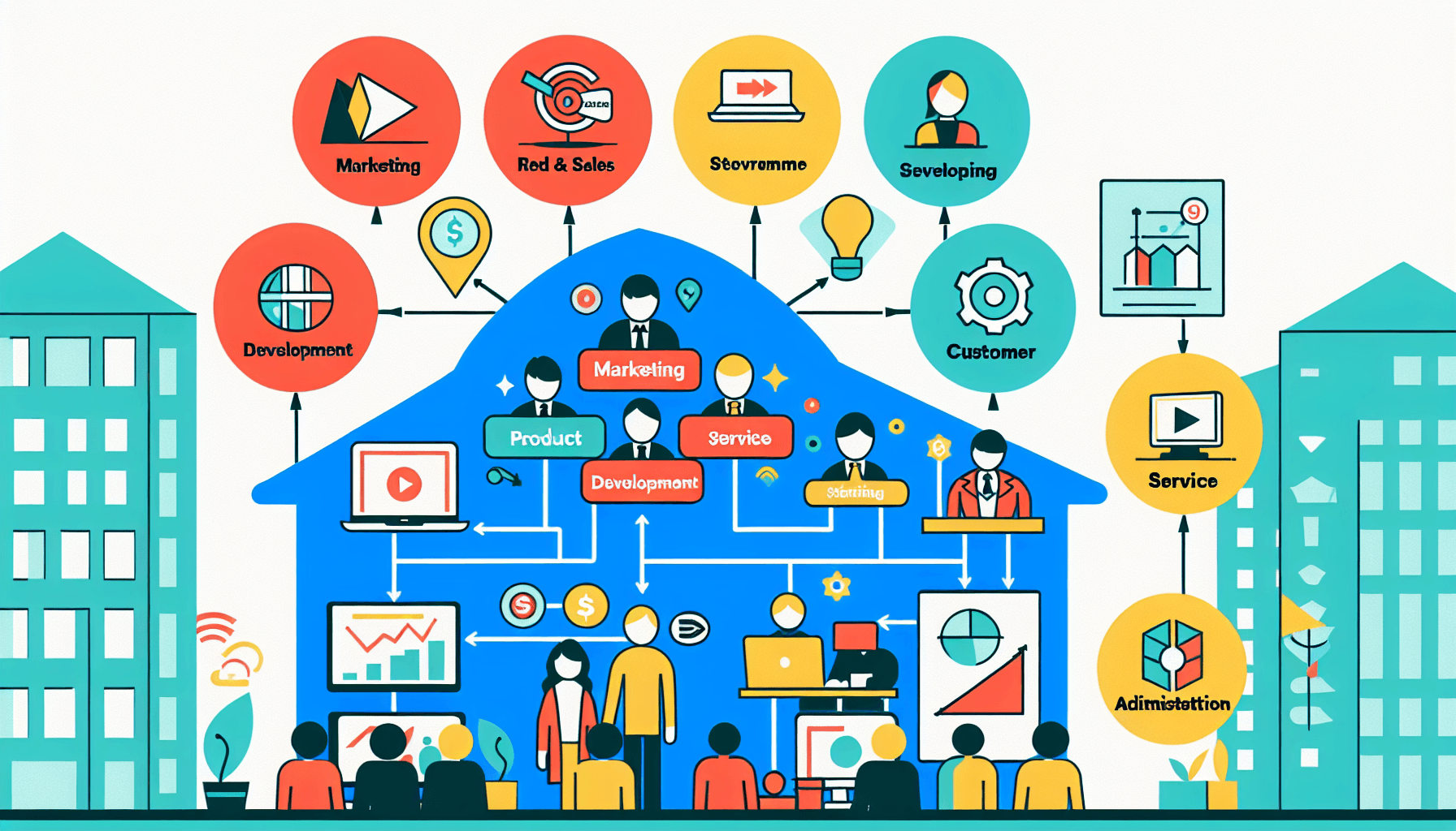 What is Spotify's business structure? in flat illustration style and white background, red #f47574, green #88c7a8, yellow #fcc44b, and blue #645bc8 colors.