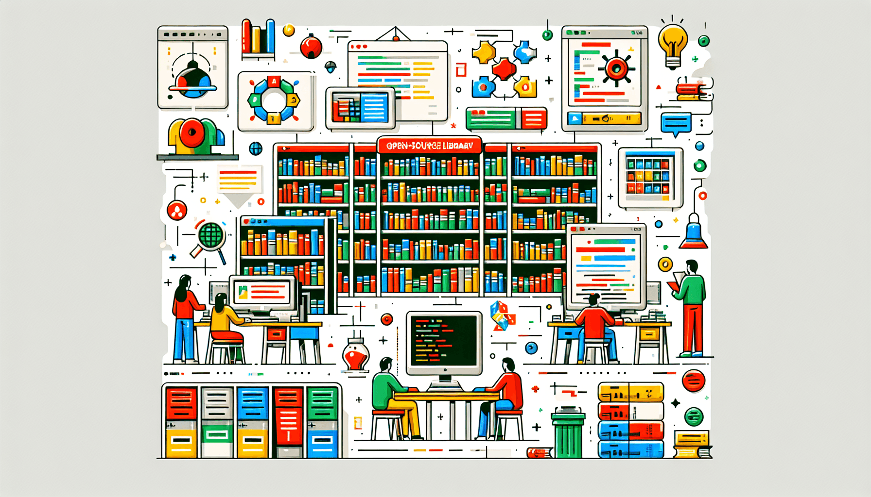 Best free AI tools -> Open-source library in flat illustration style and white background, red #f47574, green #88c7a8, yellow #fcc44b, and blue #645bc8 colors.