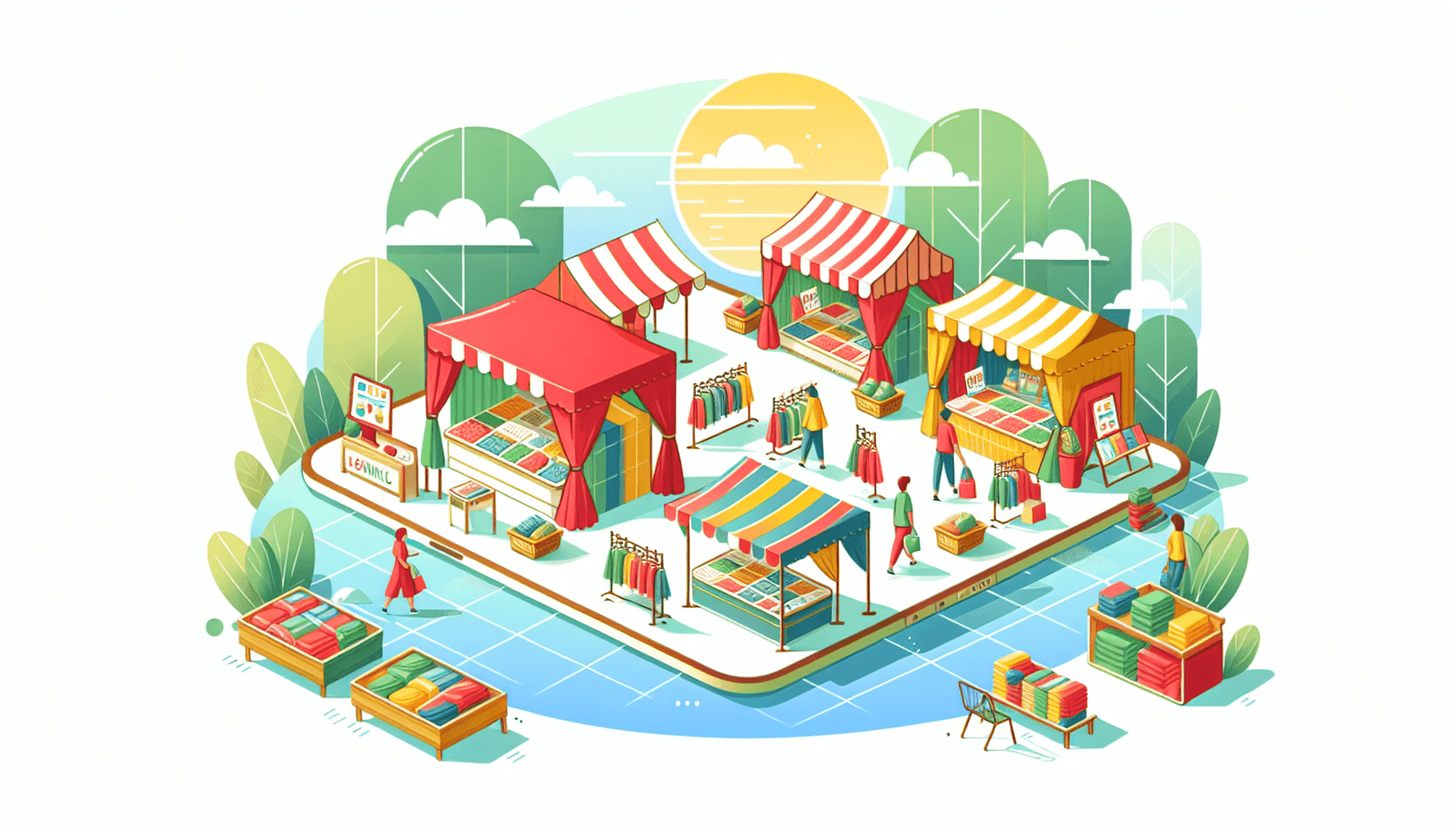 Digital marketplace -> Online bazaar in flat illustration style and white background, red #f47574, green #88c7a8, yellow #fcc44b, and blue #645bc8 colors.