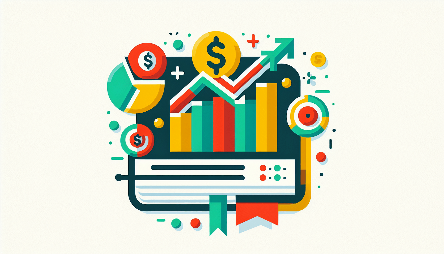 Profitability -> Ledger in flat illustration style and white background, red #f47574, green #88c7a8, yellow #fcc44b, and blue #645bc8 colors.