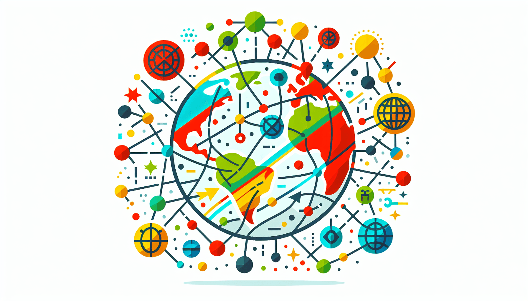 Global strategy -> Network in flat illustration style and white background, red #f47574, green #88c7a8, yellow #fcc44b, and blue #645bc8 colors.