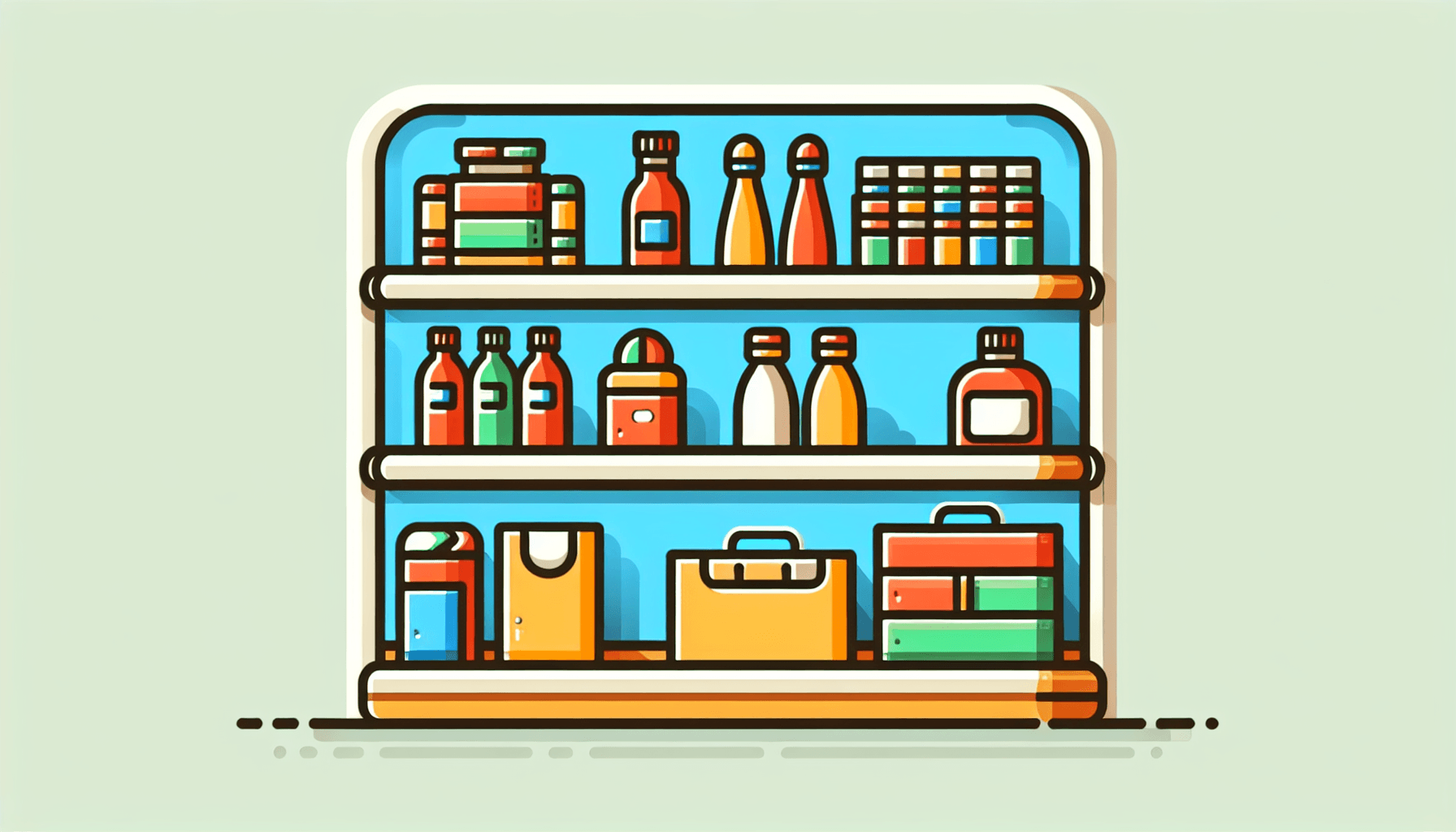 Zara Business Automation -> Retail shelf in flat illustration style and white background, red #f47574, green #88c7a8, yellow #fcc44b, and blue #645bc8 colors.
