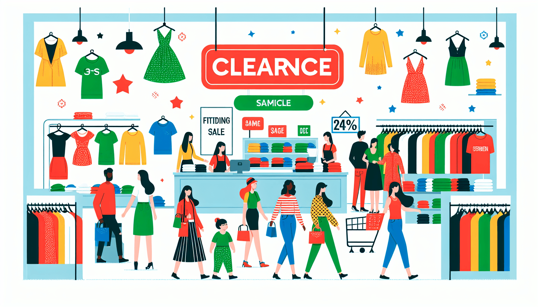 How does Primark attract customers? in flat illustration style and white background, red #f47574, green #88c7a8, yellow #fcc44b, and blue #645bc8 colors.