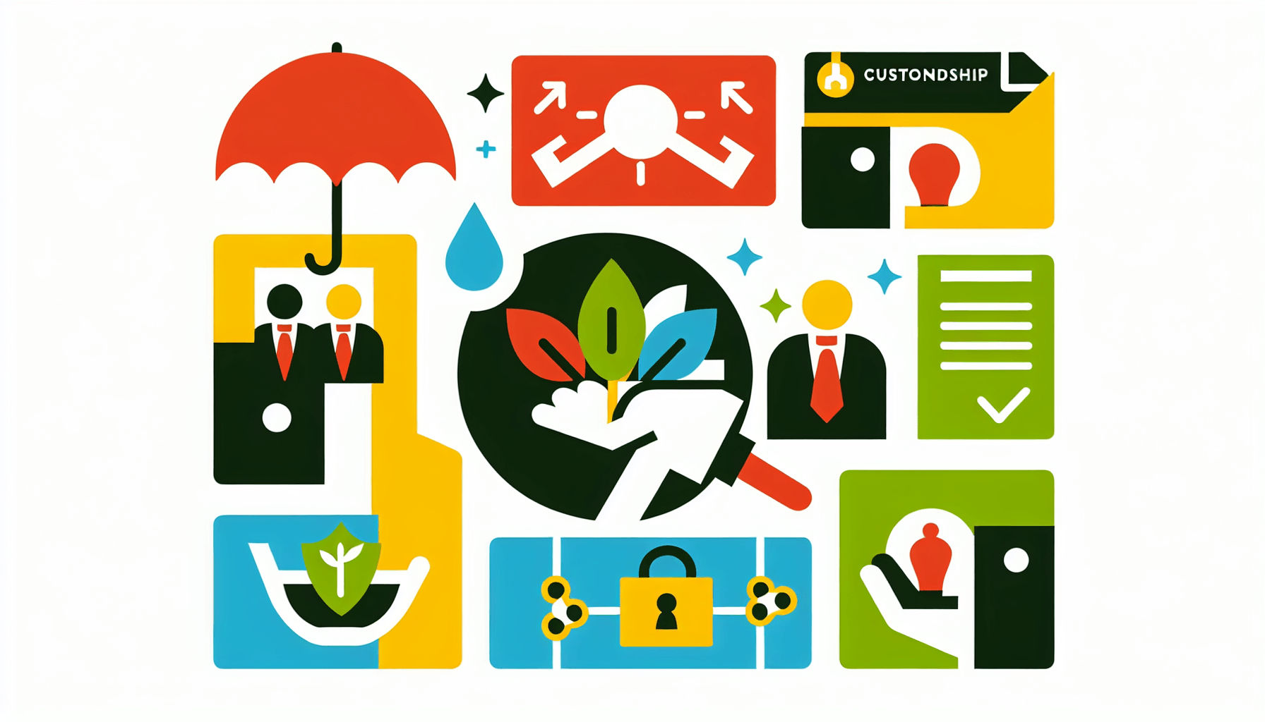 Ownership -> Custodian in flat illustration style and white background, red #f47574, green #88c7a8, yellow #fcc44b, and blue #645bc8 colors.