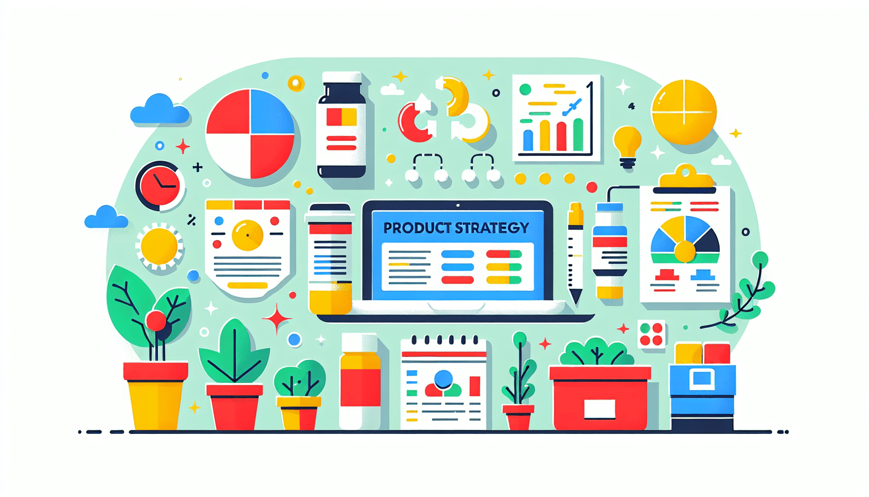 Product strategy -> Portfolio in flat illustration style and white background, red #f47574, green #88c7a8, yellow #fcc44b, and blue #645bc8 colors.