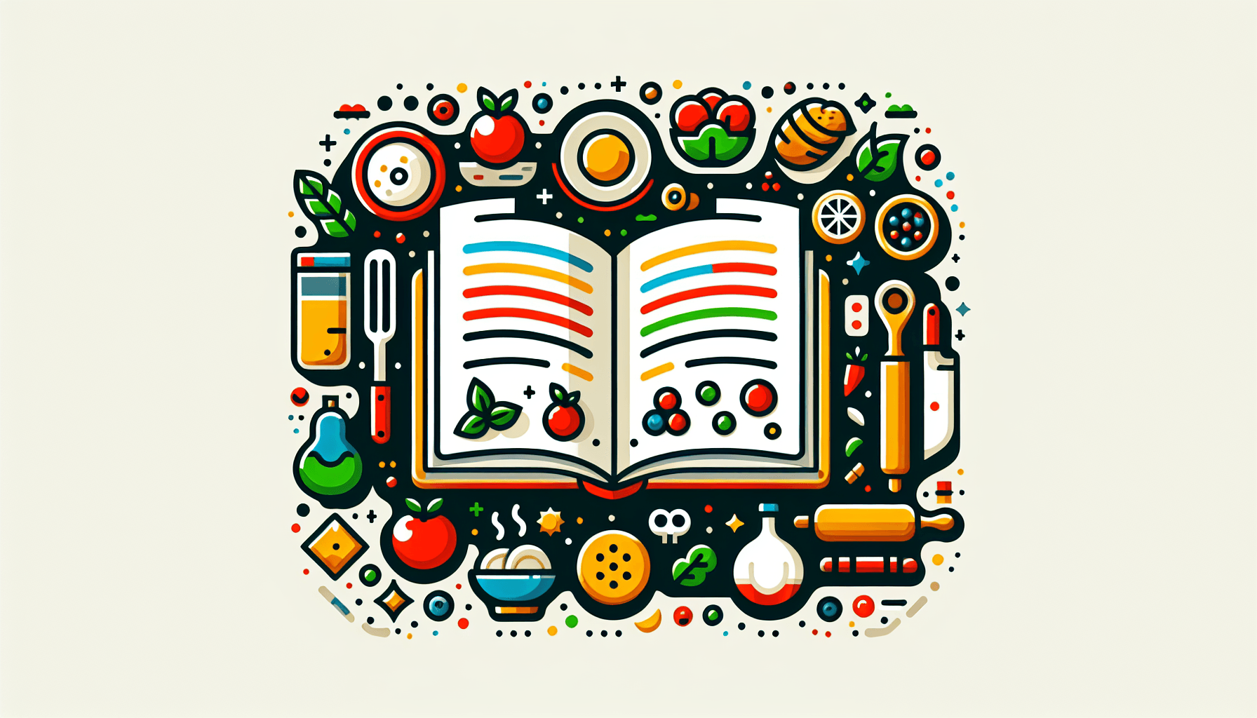 Foodies -> Recipe book in flat illustration style and white background, red #f47574, green #88c7a8, yellow #fcc44b, and blue #645bc8 colors.