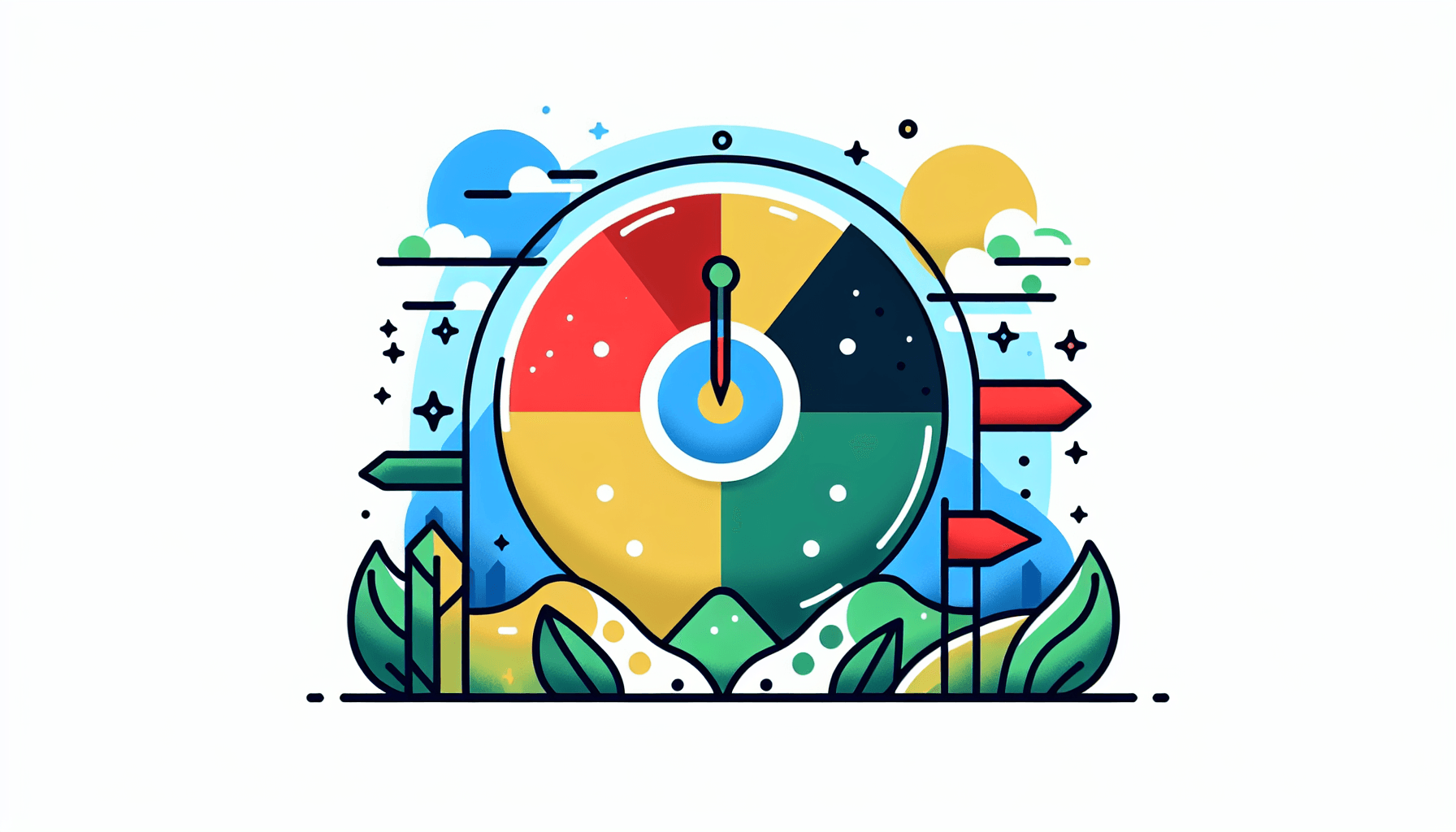 Strategic intent -> Goal in flat illustration style and white background, red #f47574, green #88c7a8, yellow #fcc44b, and blue #645bc8 colors.