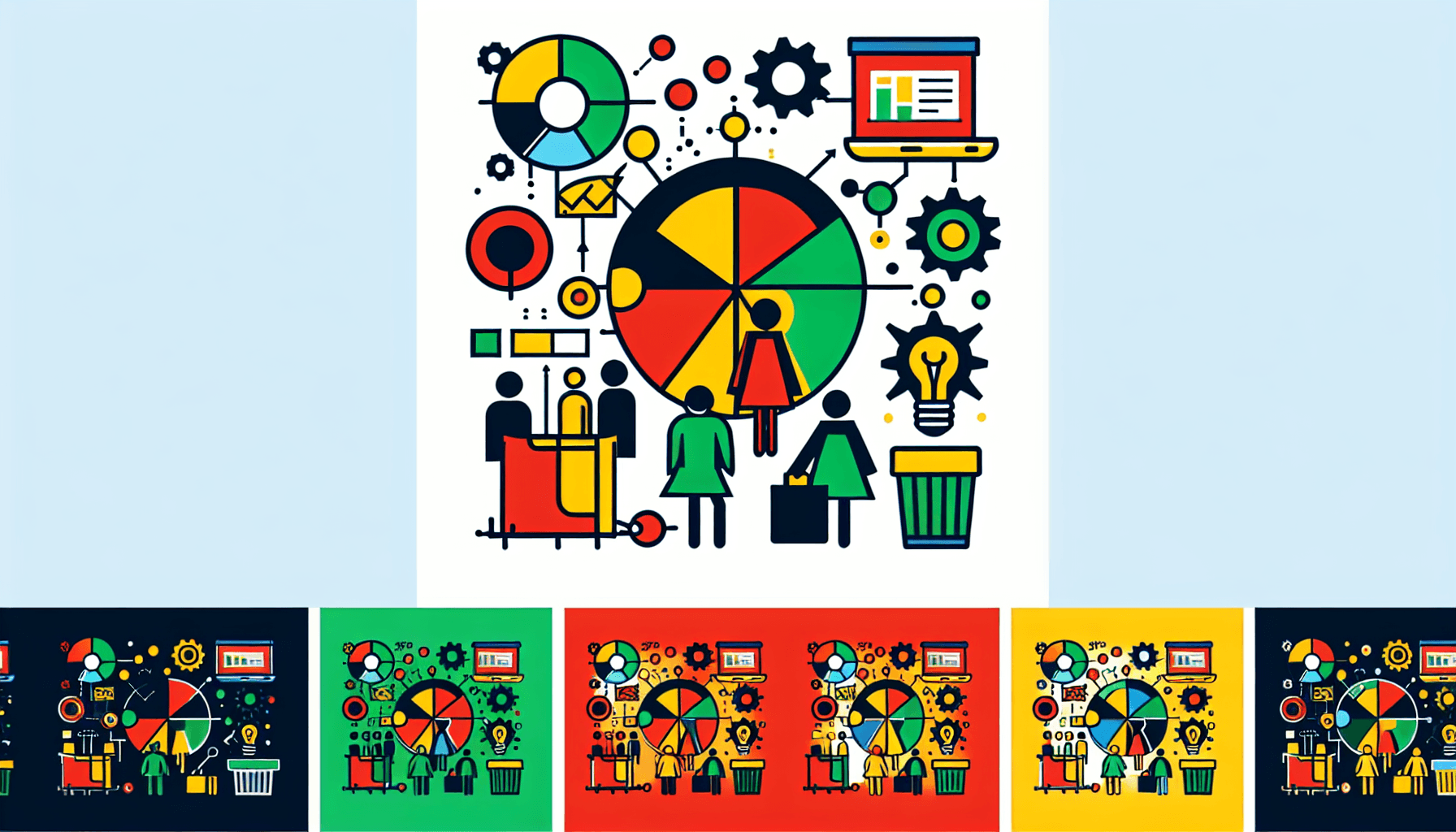 Market segment -> Genre in flat illustration style and white background, red #f47574, green #88c7a8, yellow #fcc44b, and blue #645bc8 colors.