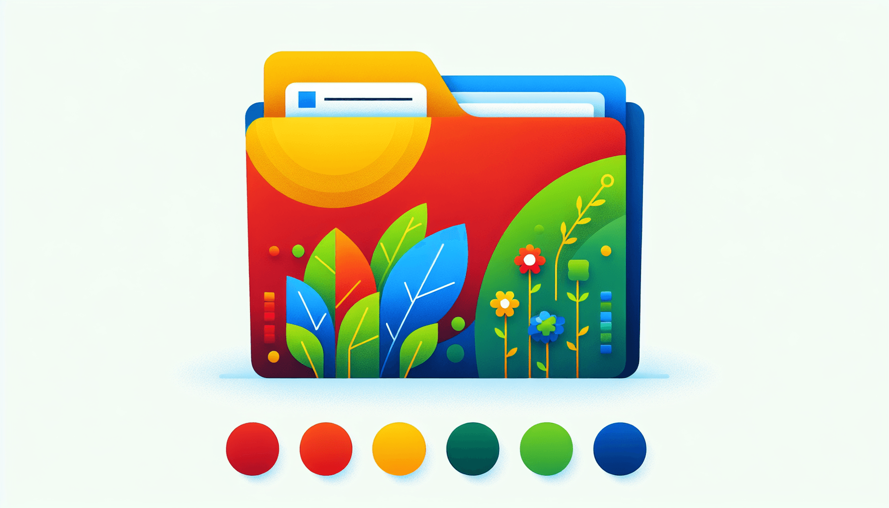 Tipos -> Carpeta de archivos en estilo de ilustración plana y fondo blanco, colores rojo #f47574, verde #88c7a8, amarillo #fcc44b y azul #645bc8.