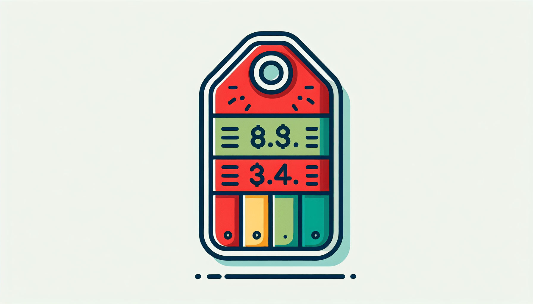 Primark Business -> Price tag in flat illustration style and white background, red #f47574, green #88c7a8, yellow #fcc44b, and blue #645bc8 colors.