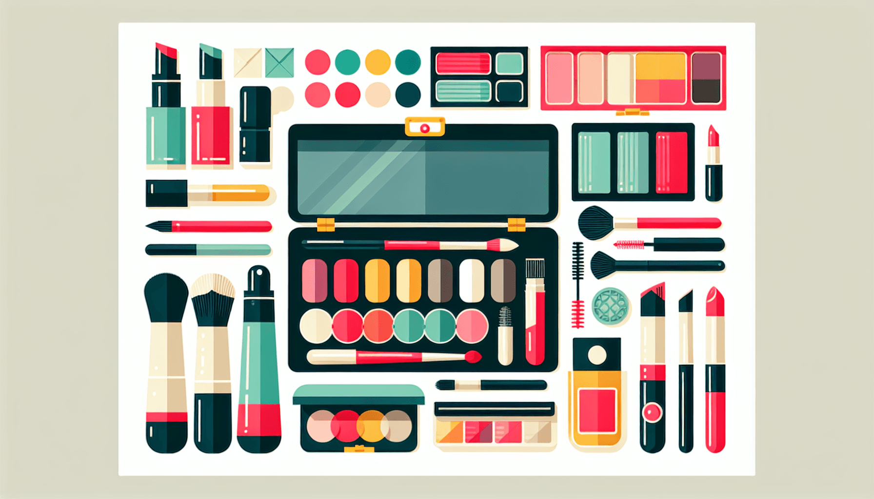 Beauty products -> Makeup kit in flat illustration style and white background, red #f47574, green #88c7a8, yellow #fcc44b, and blue #645bc8 colors.