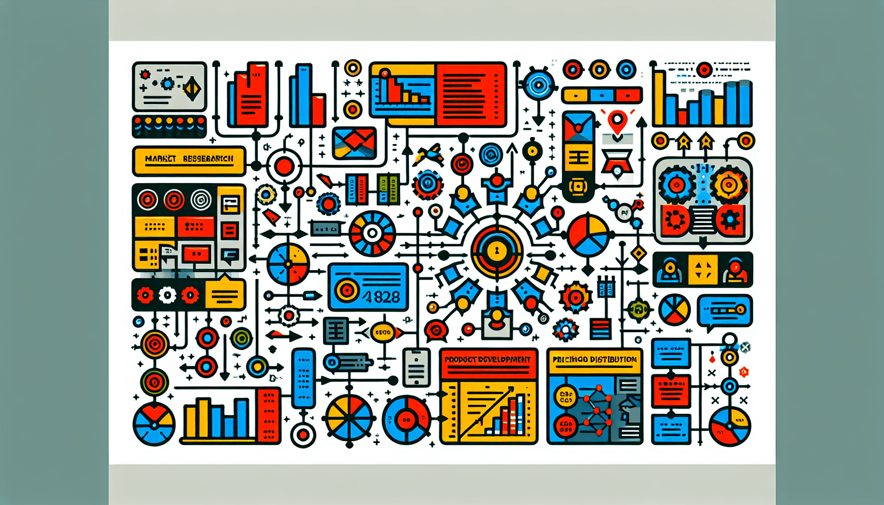 Marketing strategy -> Blueprint in flat illustration style and white background, red #f47574, green #88c7a8, yellow #fcc44b, and blue #645bc8 colors.