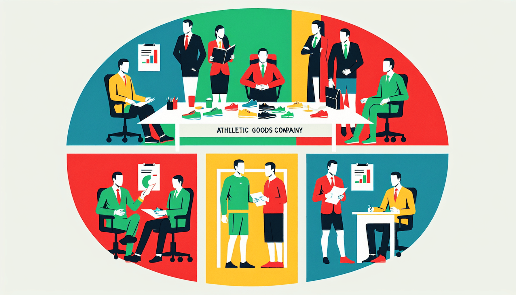 Who owns Nike -> Shareholders in flat illustration style and white background, red #f47574, green #88c7a8, yellow #fcc44b, and blue #645bc8 colors.