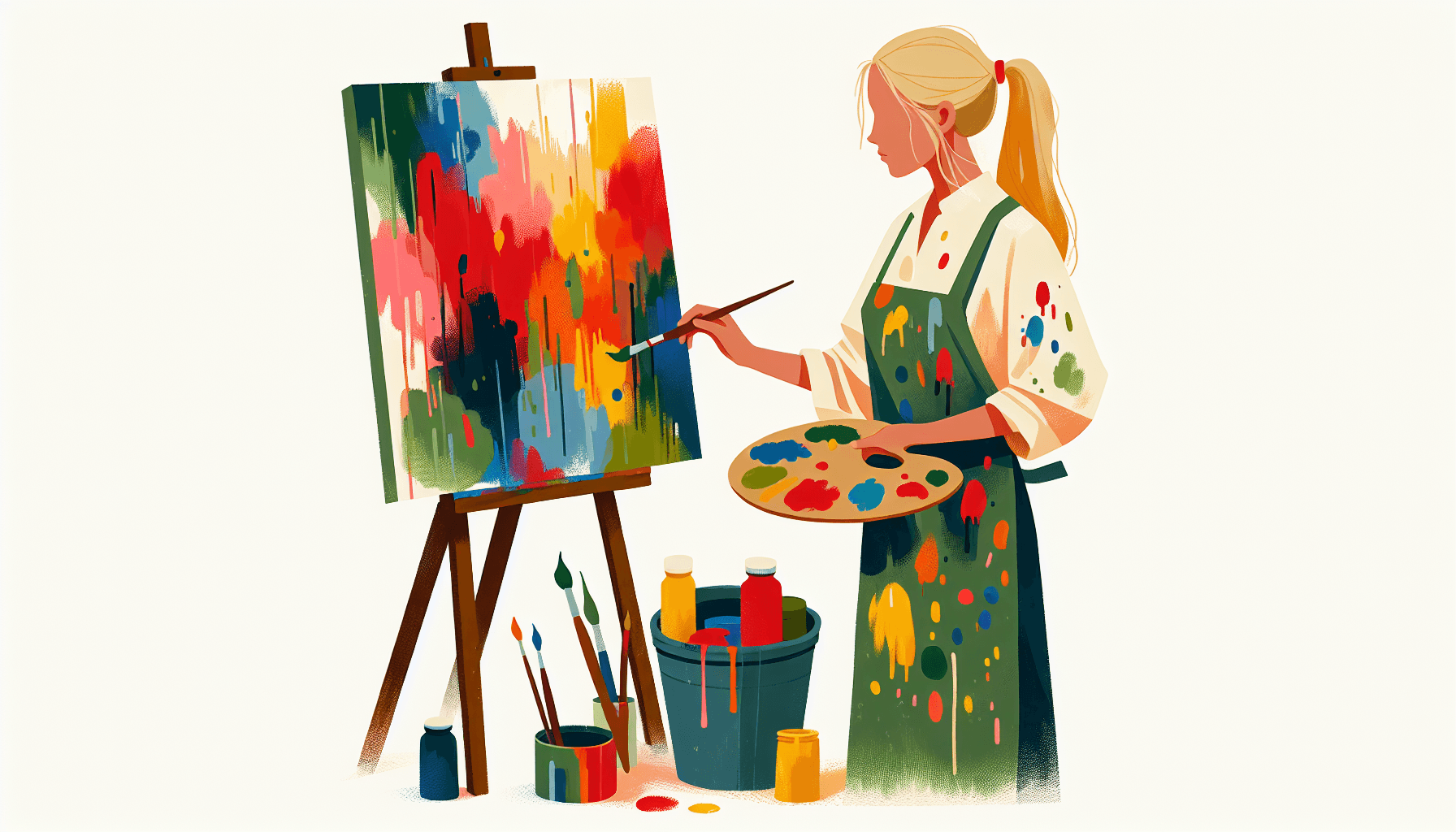 Crear -> Artista en estilo de ilustración plana y fondo blanco, colores rojo #f47574, verde #88c7a8, amarillo #fcc44b y azul #645bc8.