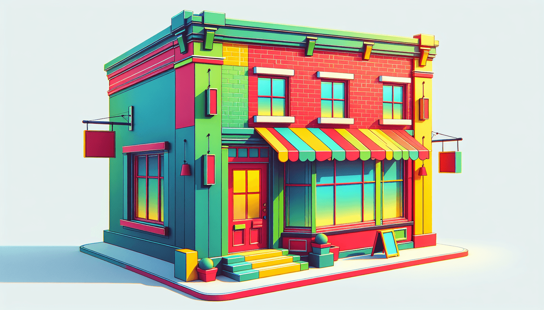Brick-and-mortar -> Storefront in flat illustration style and white background, red #f47574, green #88c7a8, yellow #fcc44b, and blue #645bc8 colors.