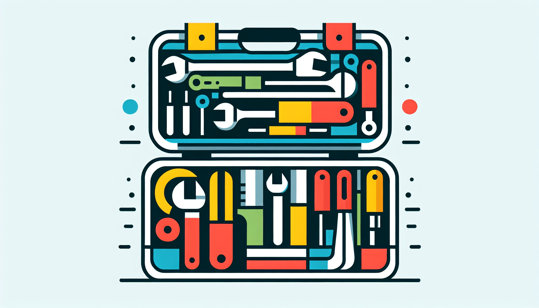 Tool for AI -> Toolkit in flat illustration style and white background, red #f47574, green #88c7a8, yellow #fcc44b, and blue #645bc8 colors.