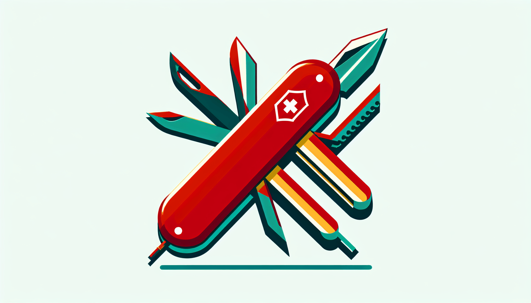 AI tool -> Swiss army knife in flat illustration style and white background, red #f47574, green #88c7a8, yellow #fcc44b, and blue #645bc8 colors.