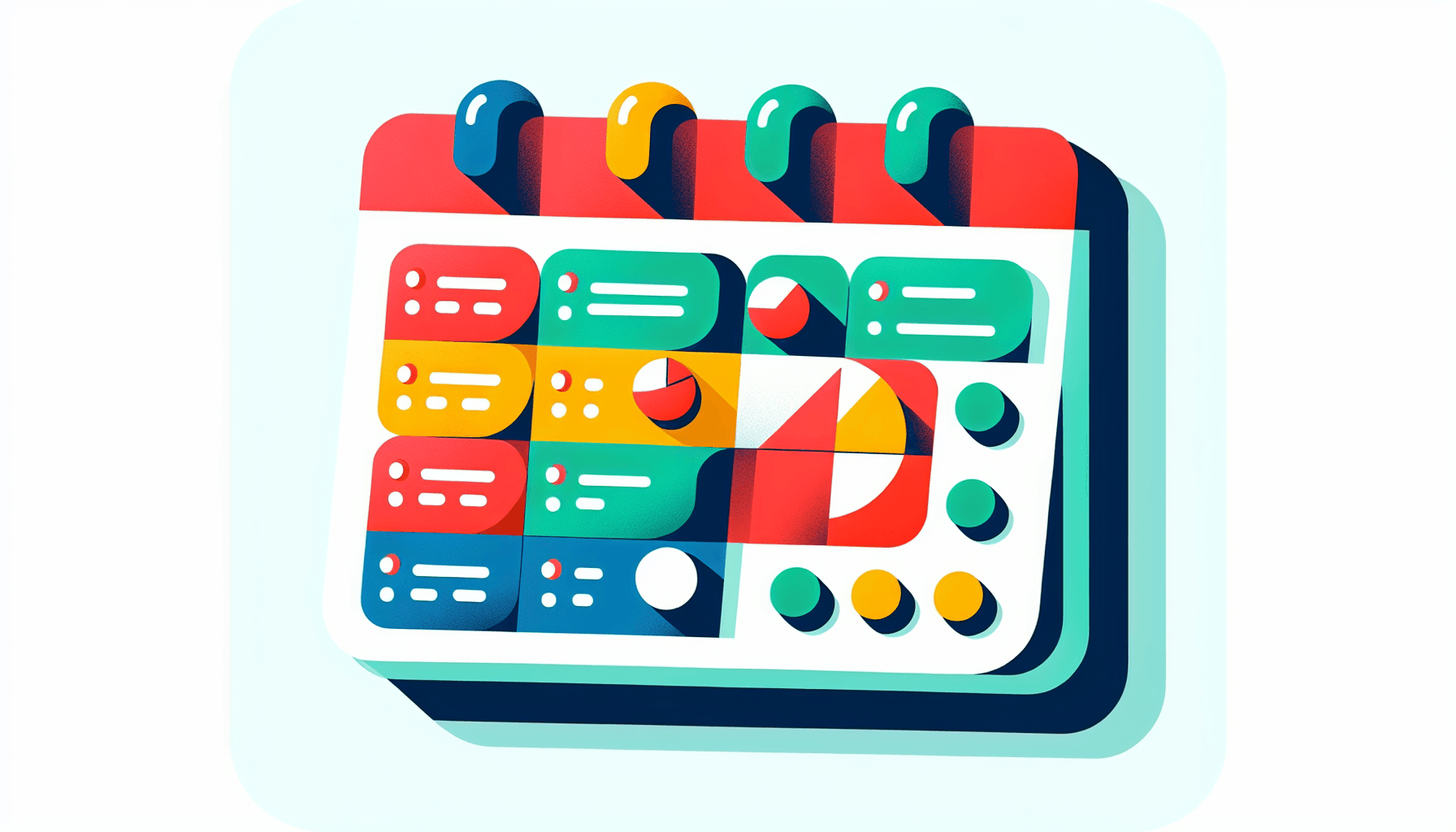 Event planning -> Calendar in flat illustration style and white background, red #f47574, green #88c7a8, yellow #fcc44b, and blue #645bc8 colors.