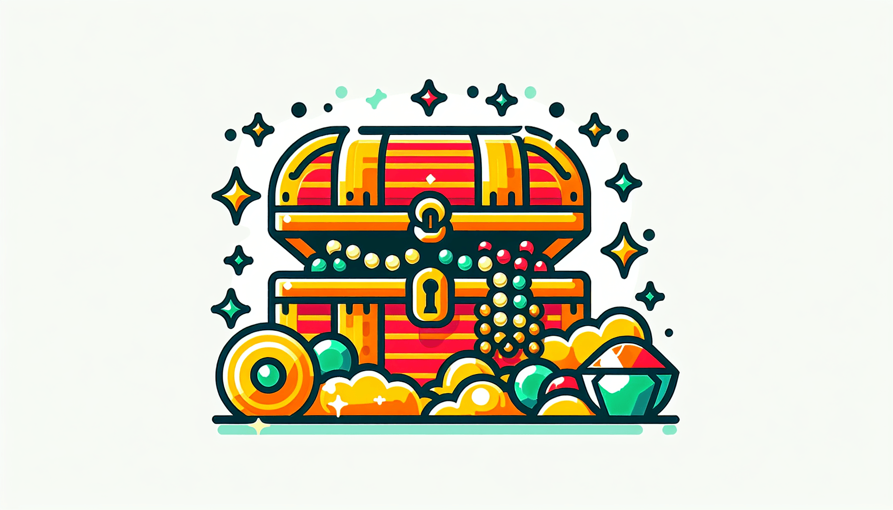 Jewelry -> Treasure chest in flat illustration style and white background, red #f47574, green #88c7a8, yellow #fcc44b, and blue #645bc8 colors.