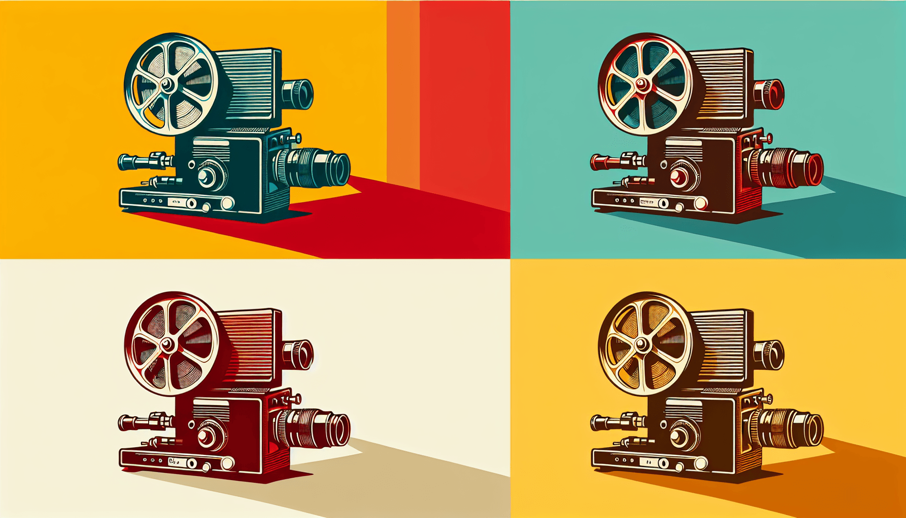 AI video generator -> Film projector in flat illustration style and white background, red #f47574, green #88c7a8, yellow #fcc44b, and blue #645bc8 colors.