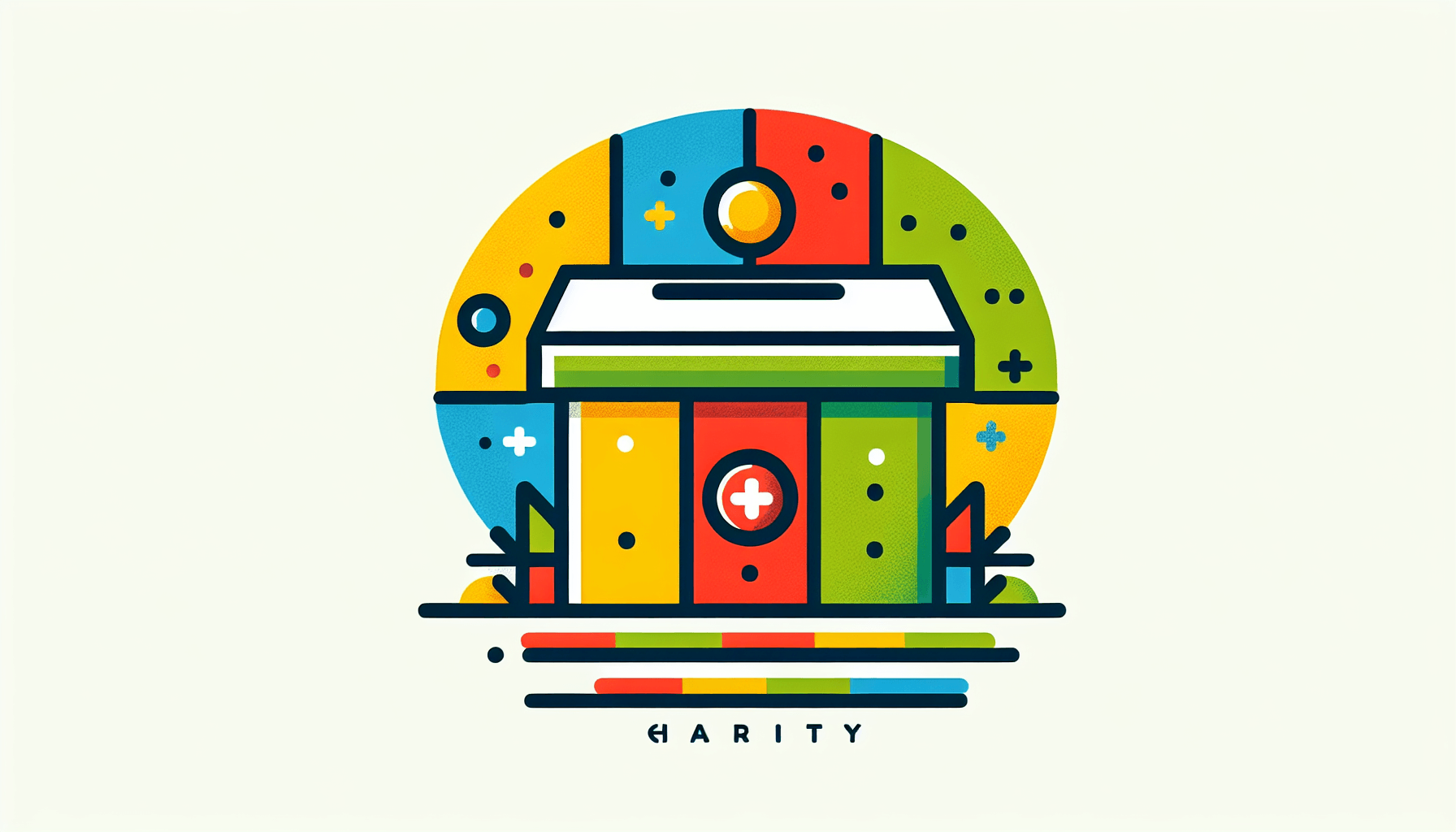 Charity box in flat illustration style and white background, red #f47574, green #88c7a8, yellow #fcc44b, and blue #645bc8 colors.