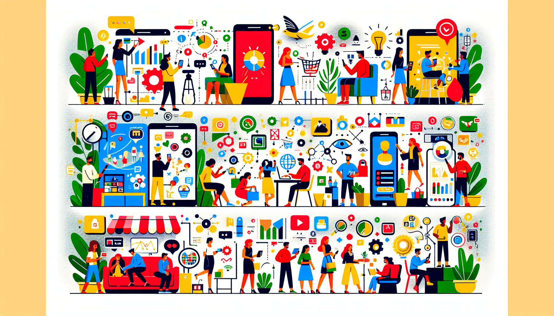 Consumer engagement in flat illustration style and white background, red #f47574, green #88c7a8, yellow #fcc44b, and blue #645bc8 colors.