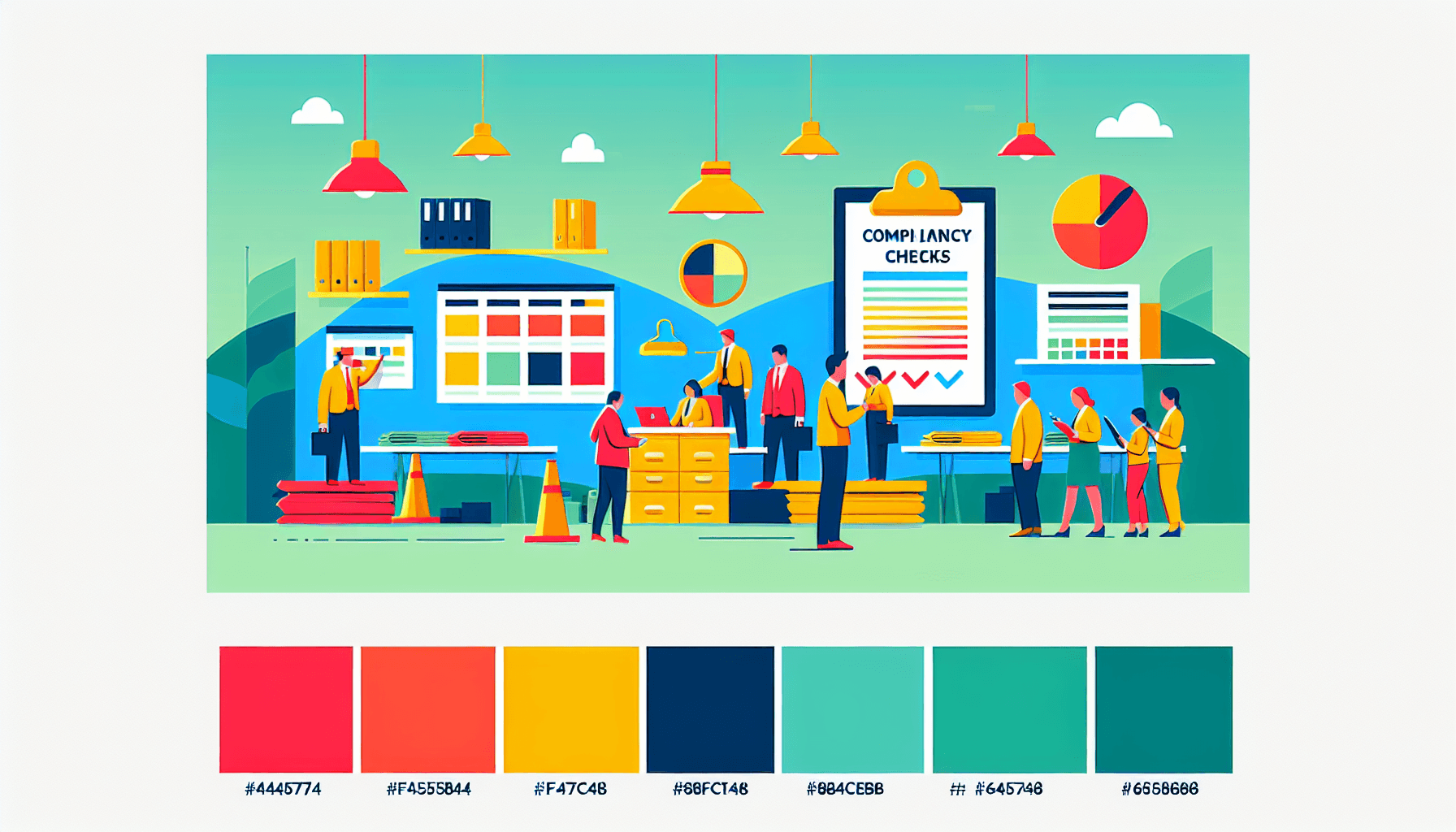 Compliance checks in flat illustration style and white background, red #f47574, green #88c7a8, yellow #fcc44b, and blue #645bc8 colors.