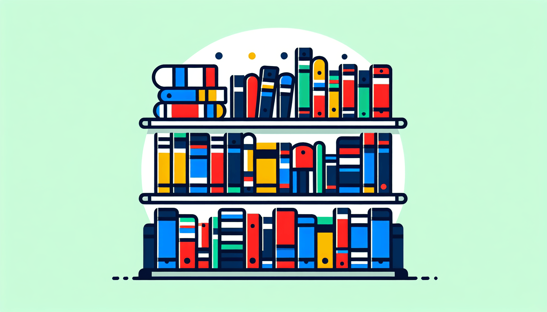 Bookshelf in flat illustration style and white background, red #f47574, green #88c7a8, yellow #fcc44b, and blue #645bc8 colors.