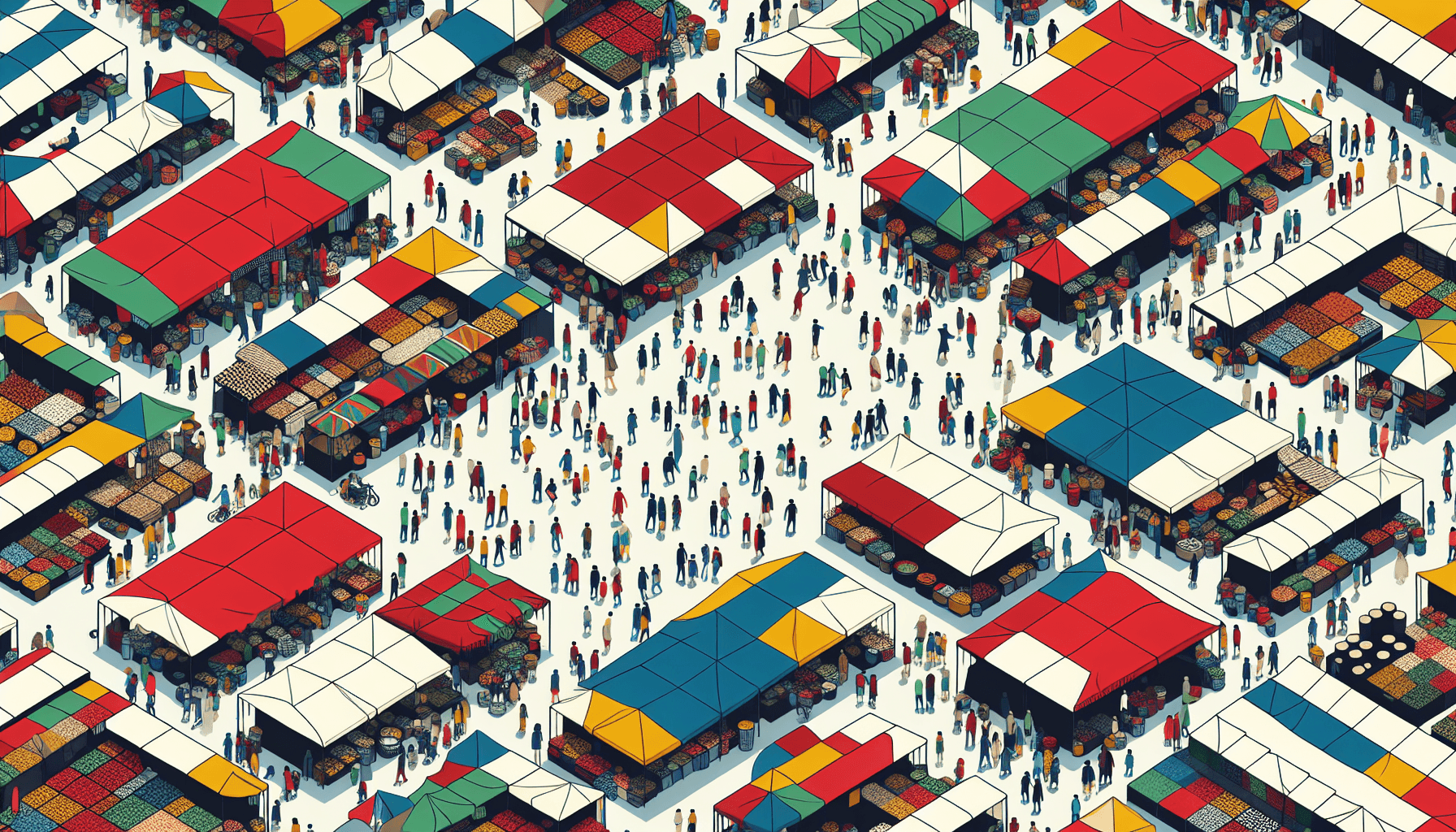 Main market -> Marketplace in flat illustration style and white background, red #f47574, green #88c7a8, yellow #fcc44b, and blue #645bc8 colors.
