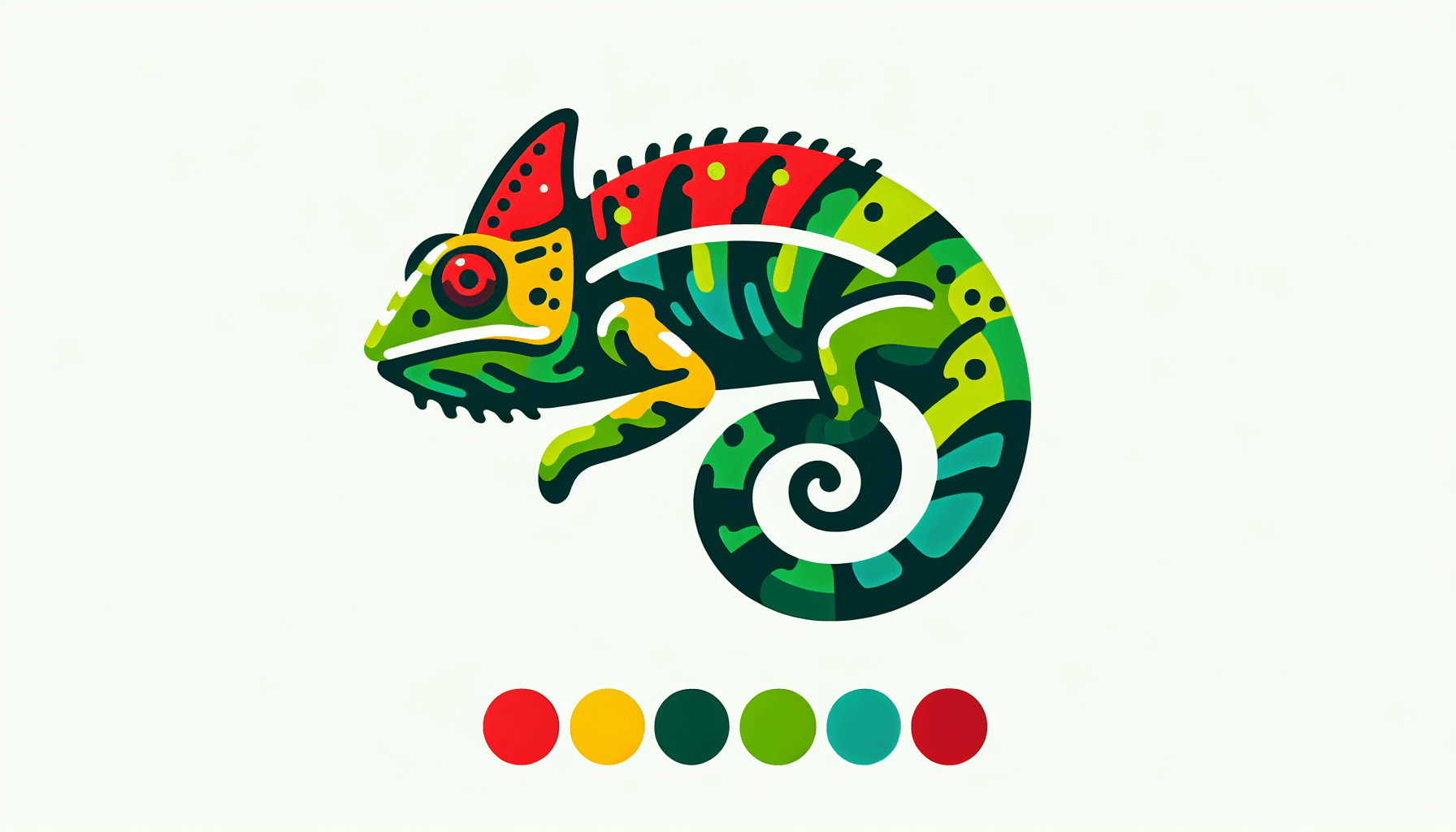 Chameleon in flat illustration style and white background, red #f47574, green #88c7a8, yellow #fcc44b, and blue #645bc8 colors.