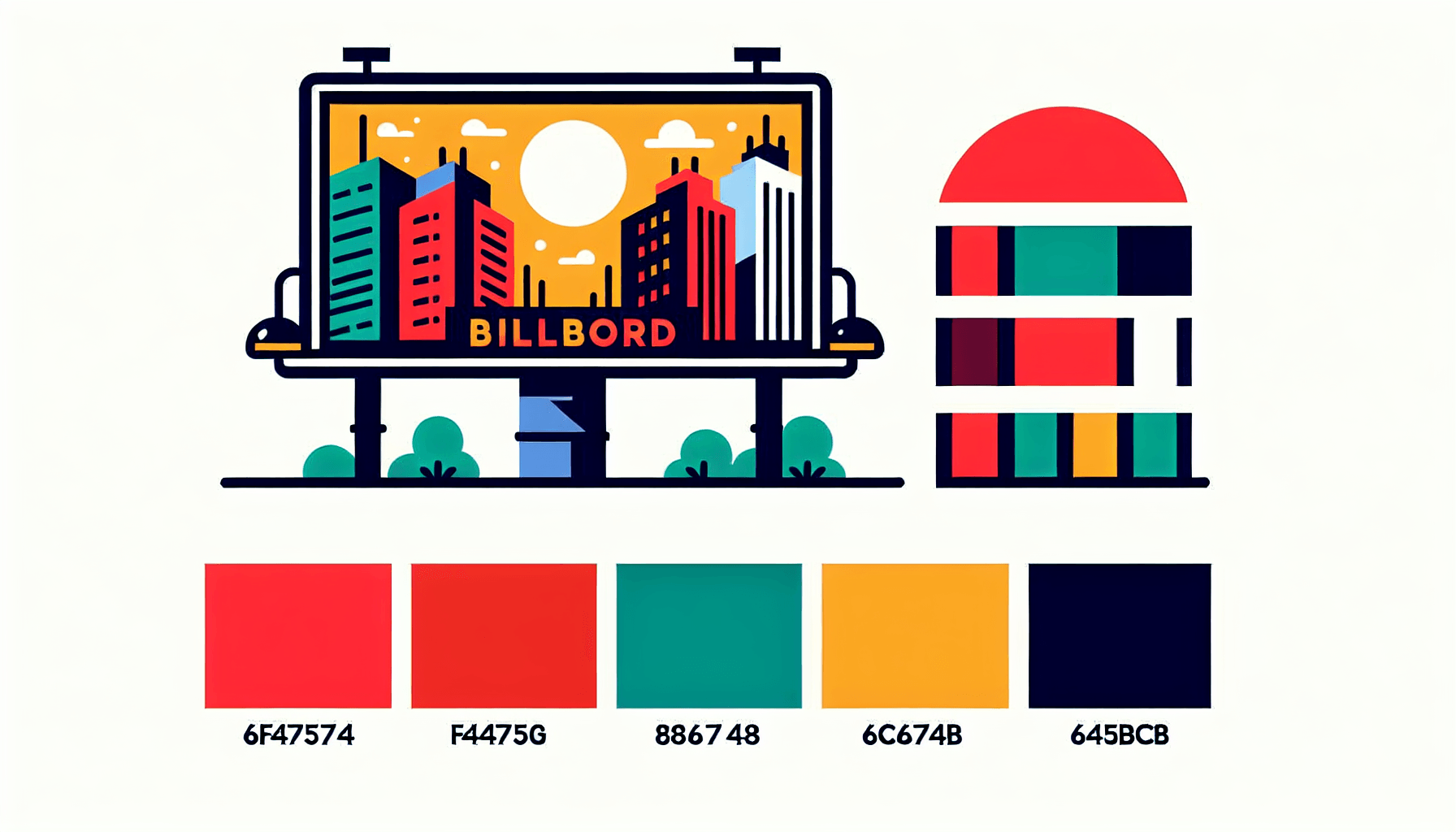 Billboard in flat illustration style and white background, red #f47574, green #88c7a8, yellow #fcc44b, and blue #645bc8 colors.
