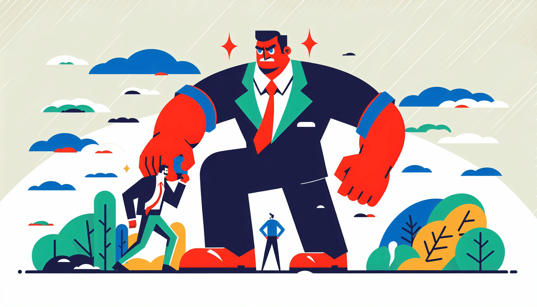 Shopify biggest competitor -> Giant in flat illustration style and white background, red #f47574, green #88c7a8, yellow #fcc44b, and blue #645bc8 colors.