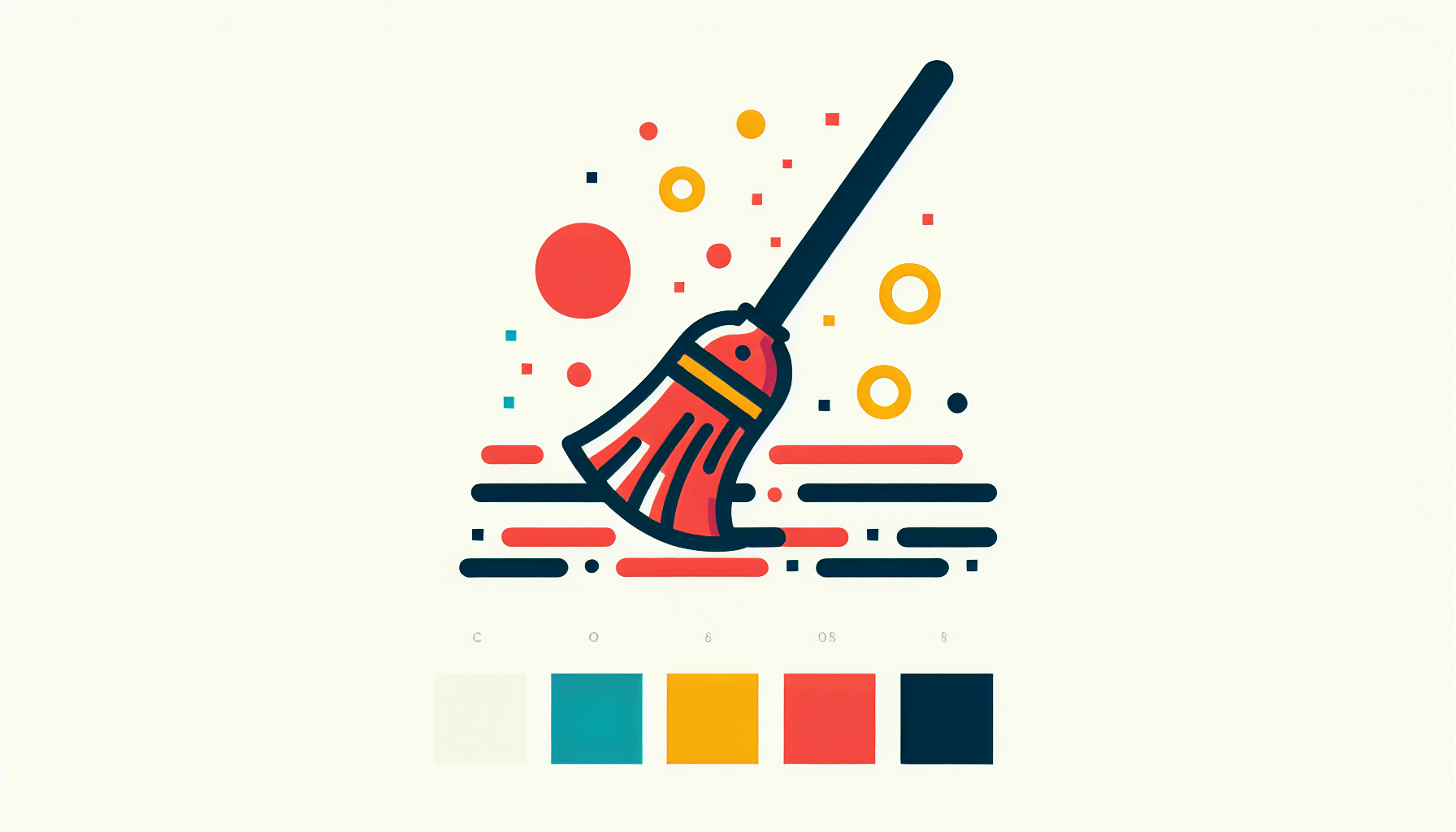 Cleaning -> Broom in flat illustration style and white background, red #f47574, green #88c7a8, yellow #fcc44b, and blue #645bc8 colors.