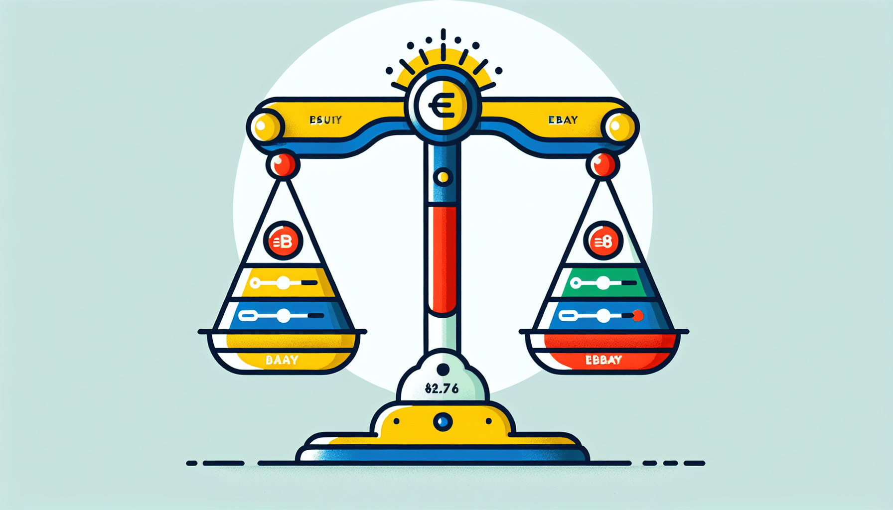 eBay vs. business -> Scale balance in flat illustration style and white background, red #f47574, green #88c7a8, yellow #fcc44b, and blue #645bc8 colors.