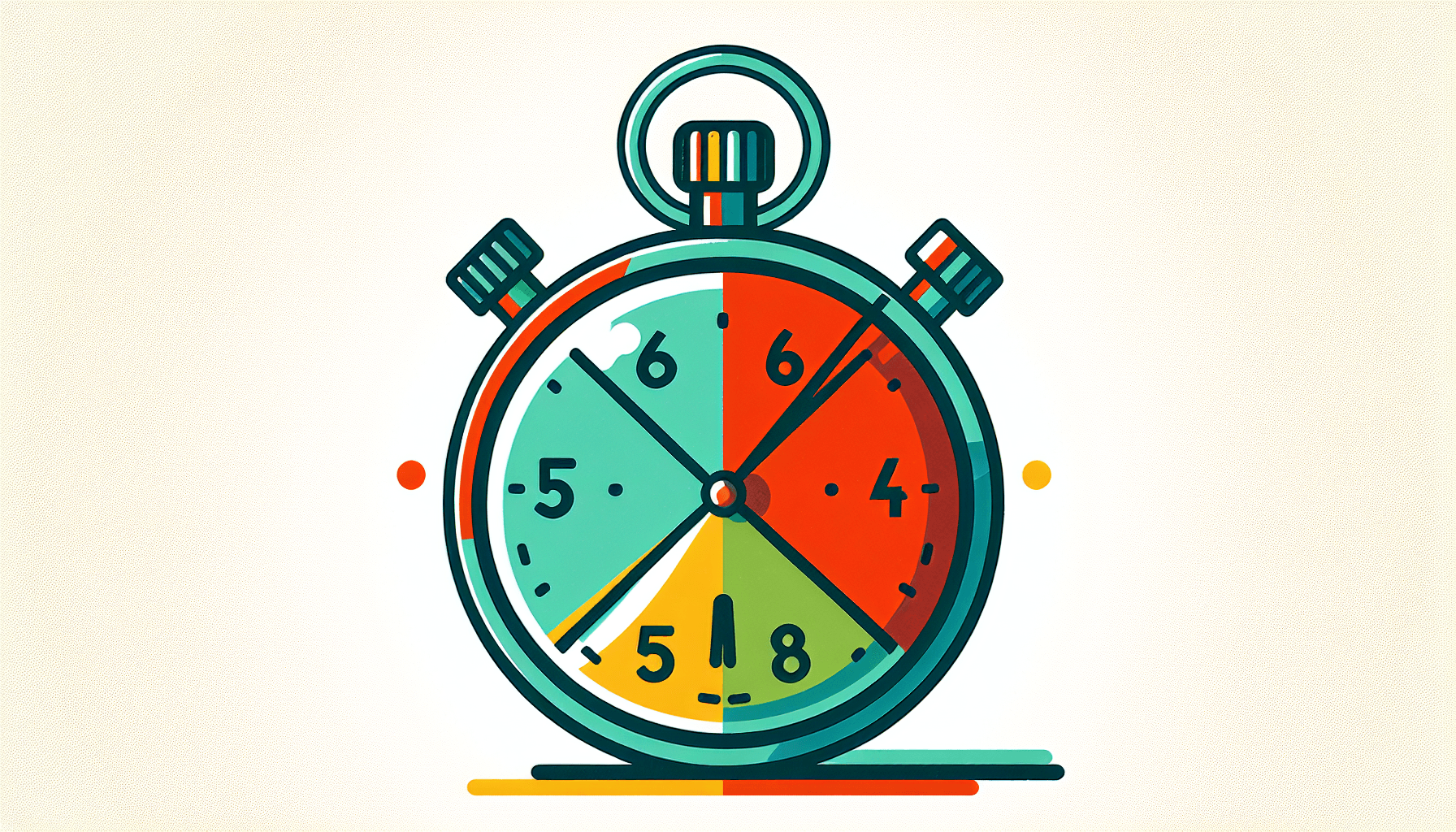 hour rule -> Stopwatch in flat illustration style and white background, red #f47574, green #88c7a8, yellow #fcc44b, and blue #645bc8 colors.