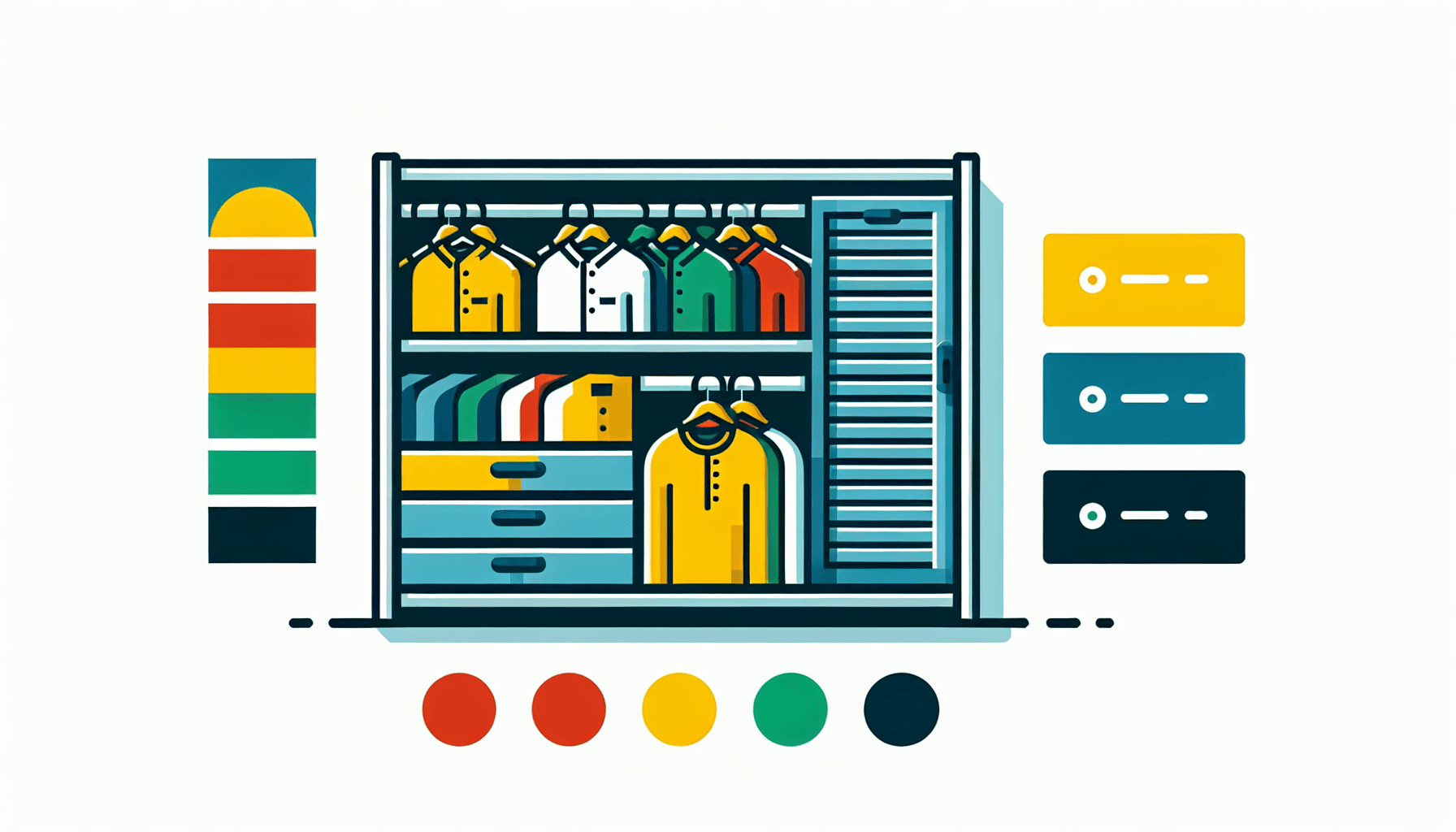 Zara Business Automation -> Wardrobe organizer in flat illustration style and white background, red #f47574, green #88c7a8, yellow #fcc44b, and blue #645bc8 colors.